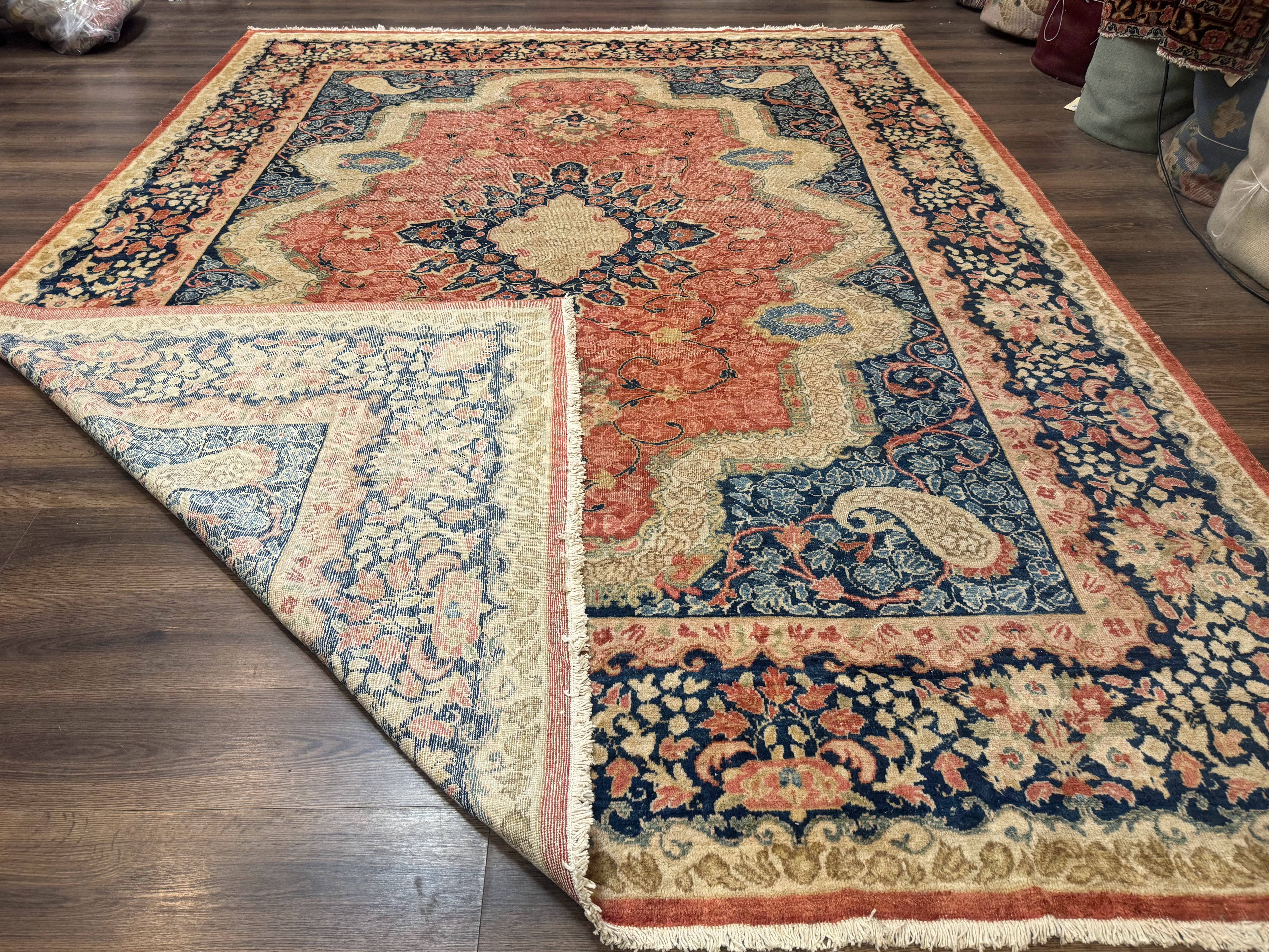 Antique Persian Sarouk Rug 9x12, Boteh Paisleys, Light Red Navy Blue - Jewel Rugs