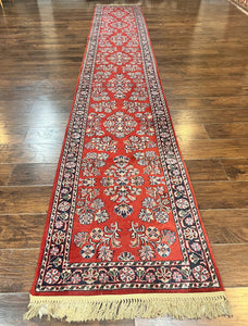 Persian Runner Rug 2.7 x 16, Vintage Persian Sarouk Hallway Rug, Wool Oriental Runner, Red and Black, Floral Allover Hand Knotted