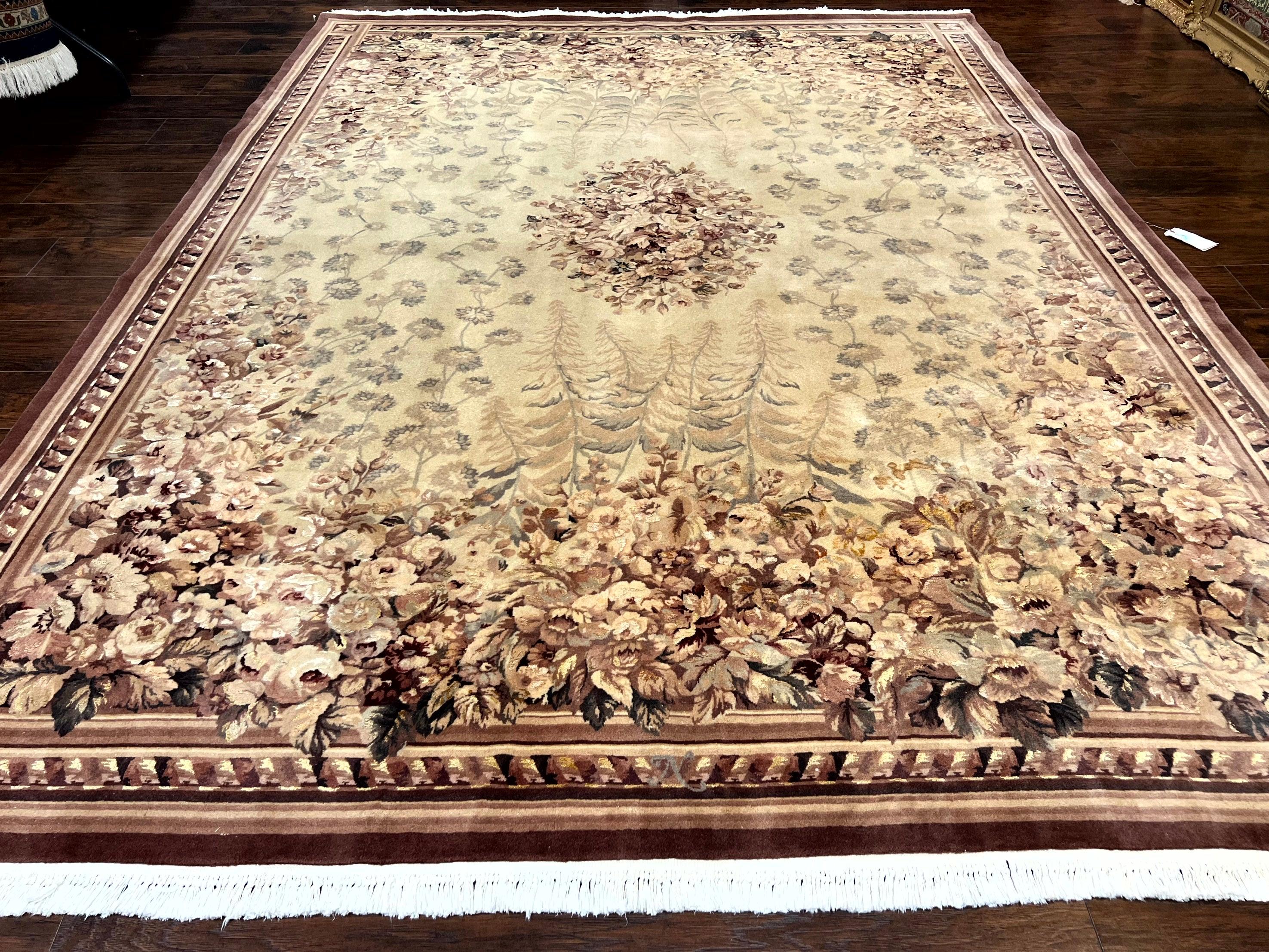 Aubusson Wool Rug 9x11, Wool with Silk Highlights, European Design, Vintage, Handmade, Floral, Fine 210 KPSI - Jewel Rugs