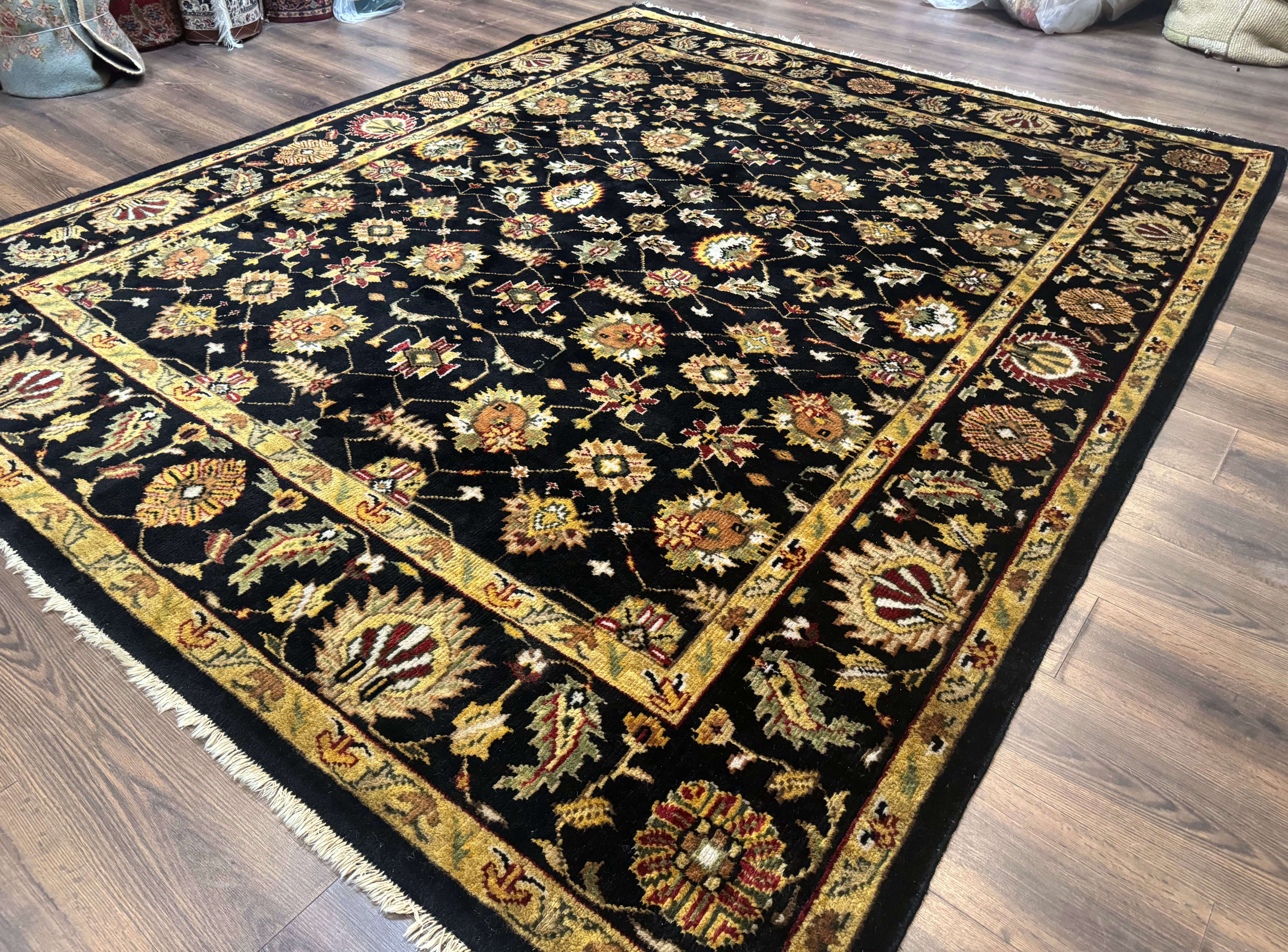 Indo Persian Mahal Rug 8x10, Black and Gold, Wool Hand Knotted Oriental Carpet - Jewel Rugs