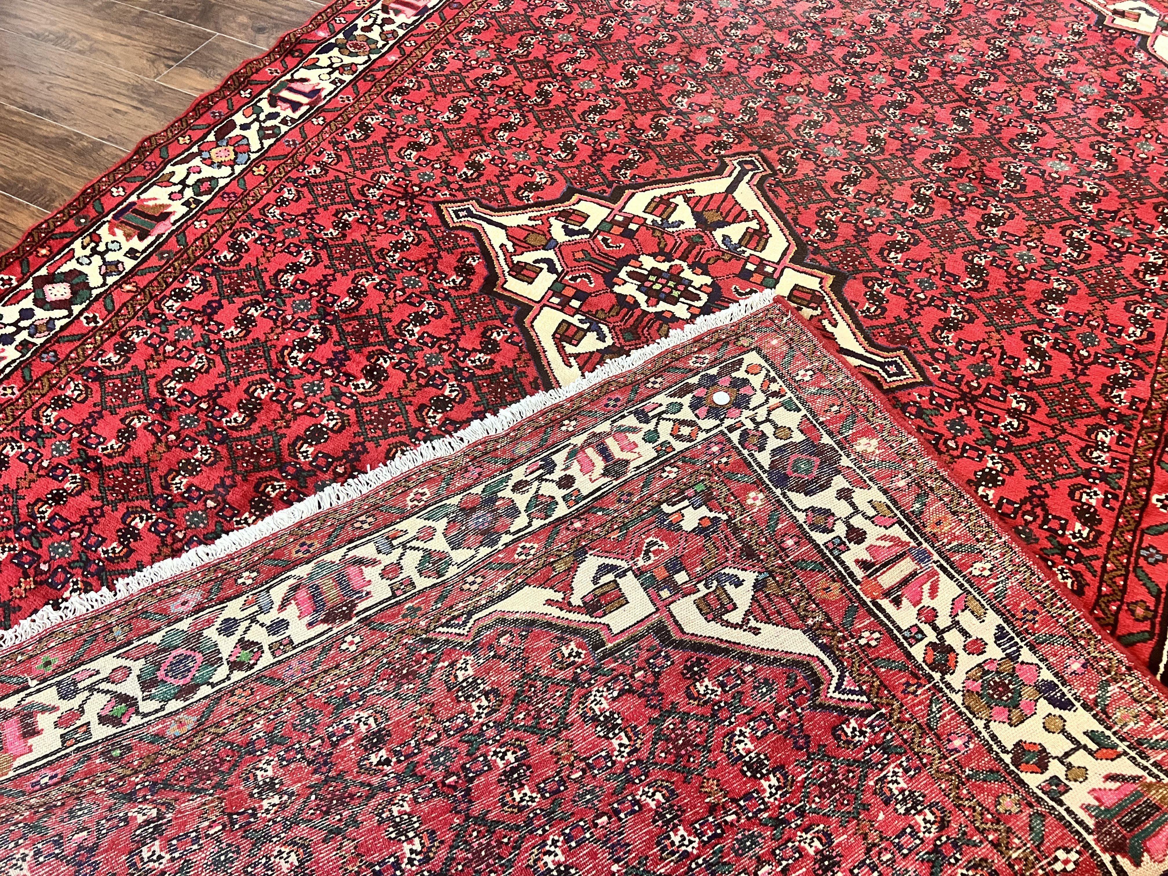 Persian Tribal Rug 7x10, Wool Handmade Semi Antique Vintage Hamadan Dargazine Carpet, Red & Ivory Allover Floral Medallion Rug, 7 x 10 Room Sized Oriental Rug - Jewel Rugs
