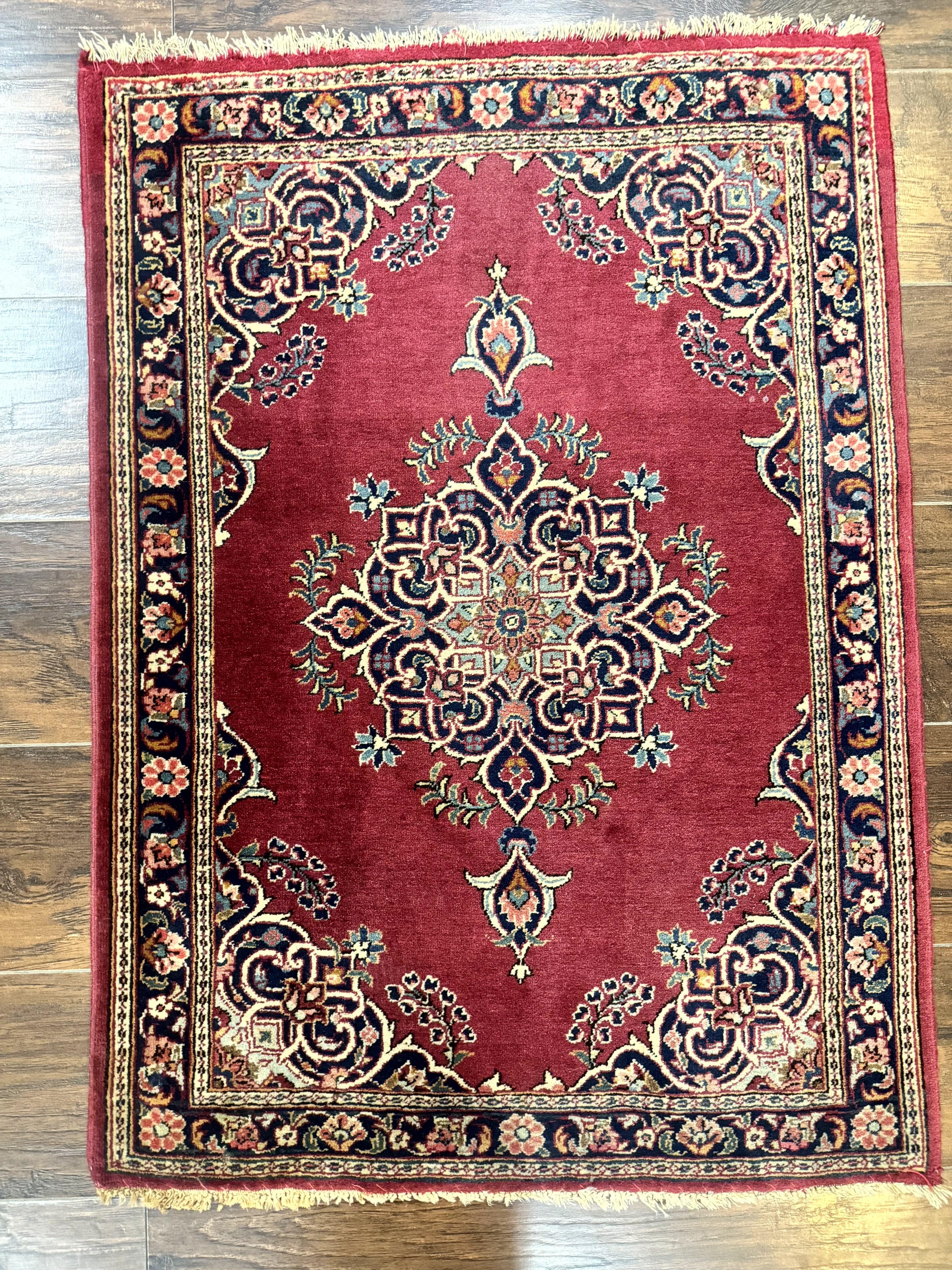 Small Persian Kashan Rug 2x3, Red and Navy Blue, Handmade Vintage Wool Semi Antique Persian Carpet, Semi Open Field, Pair B - Jewel Rugs