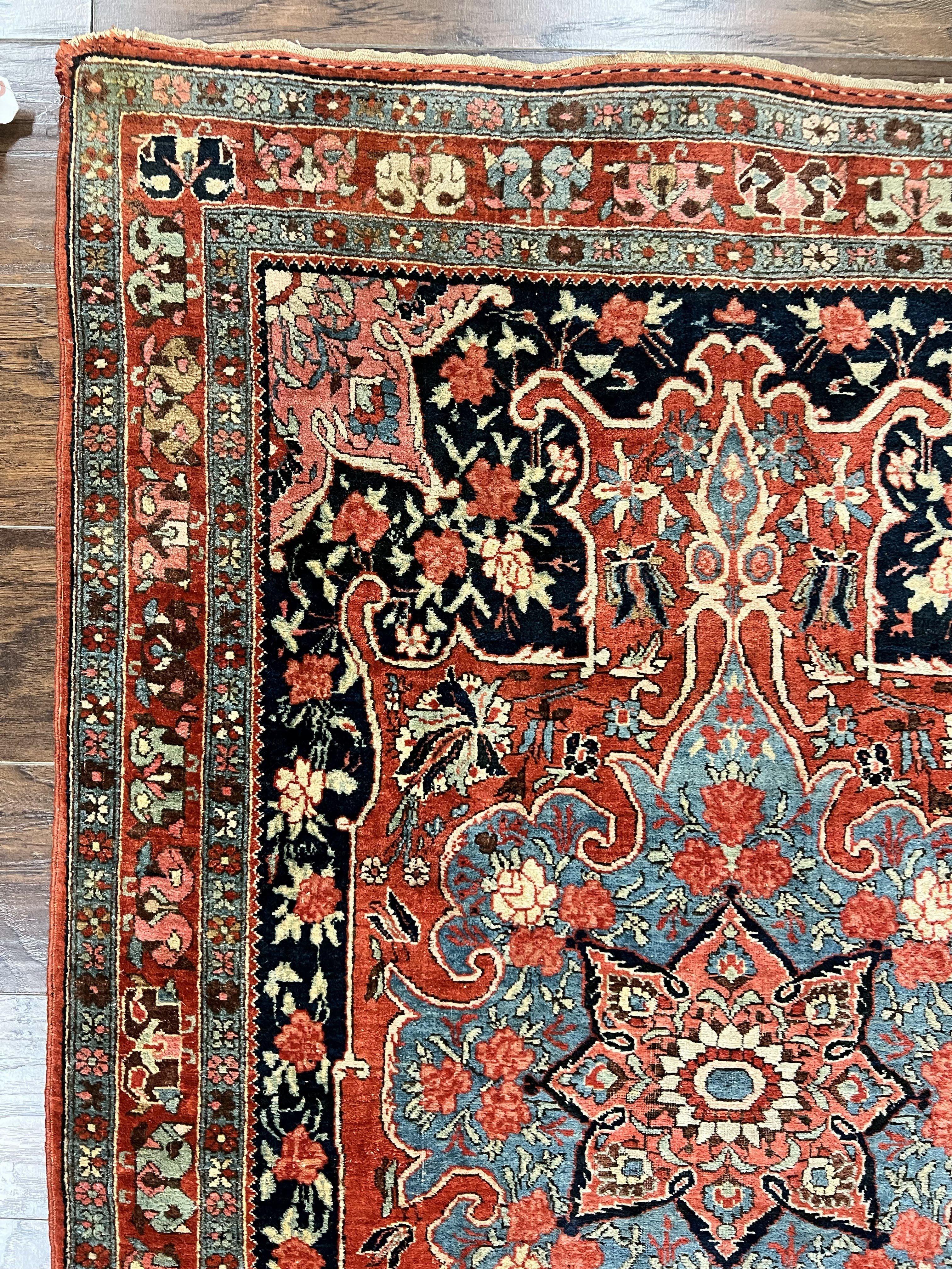 Antique Persian Bidjar Rug 4x5, Red and Blue, Hand Knotted Wool Carpet - Jewel Rugs