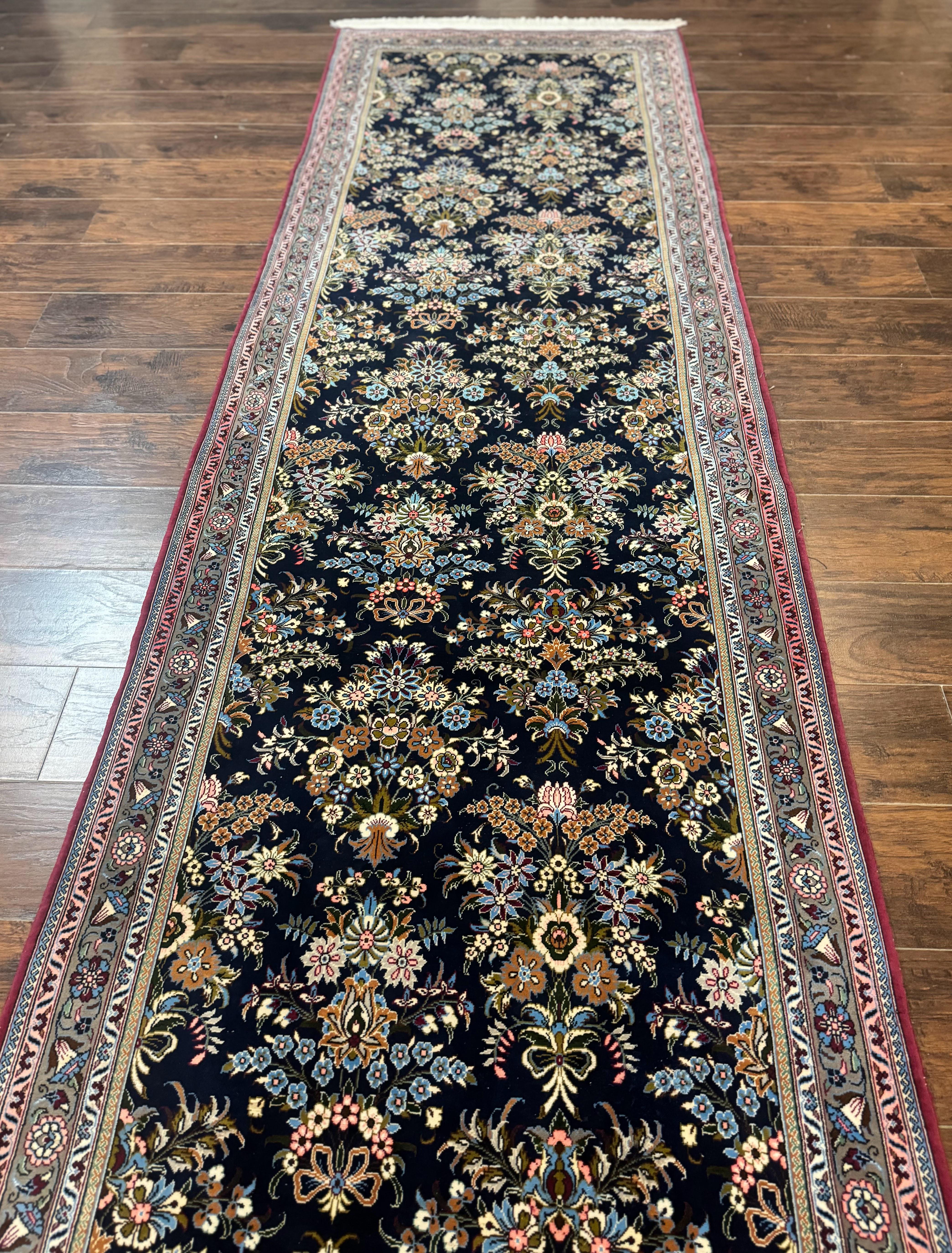 Persian Runner Rug 3.6 x 13, Floral Bouquets, Navy Blue, Colorful Flowers, Fine 210 KPSI - Jewel Rugs