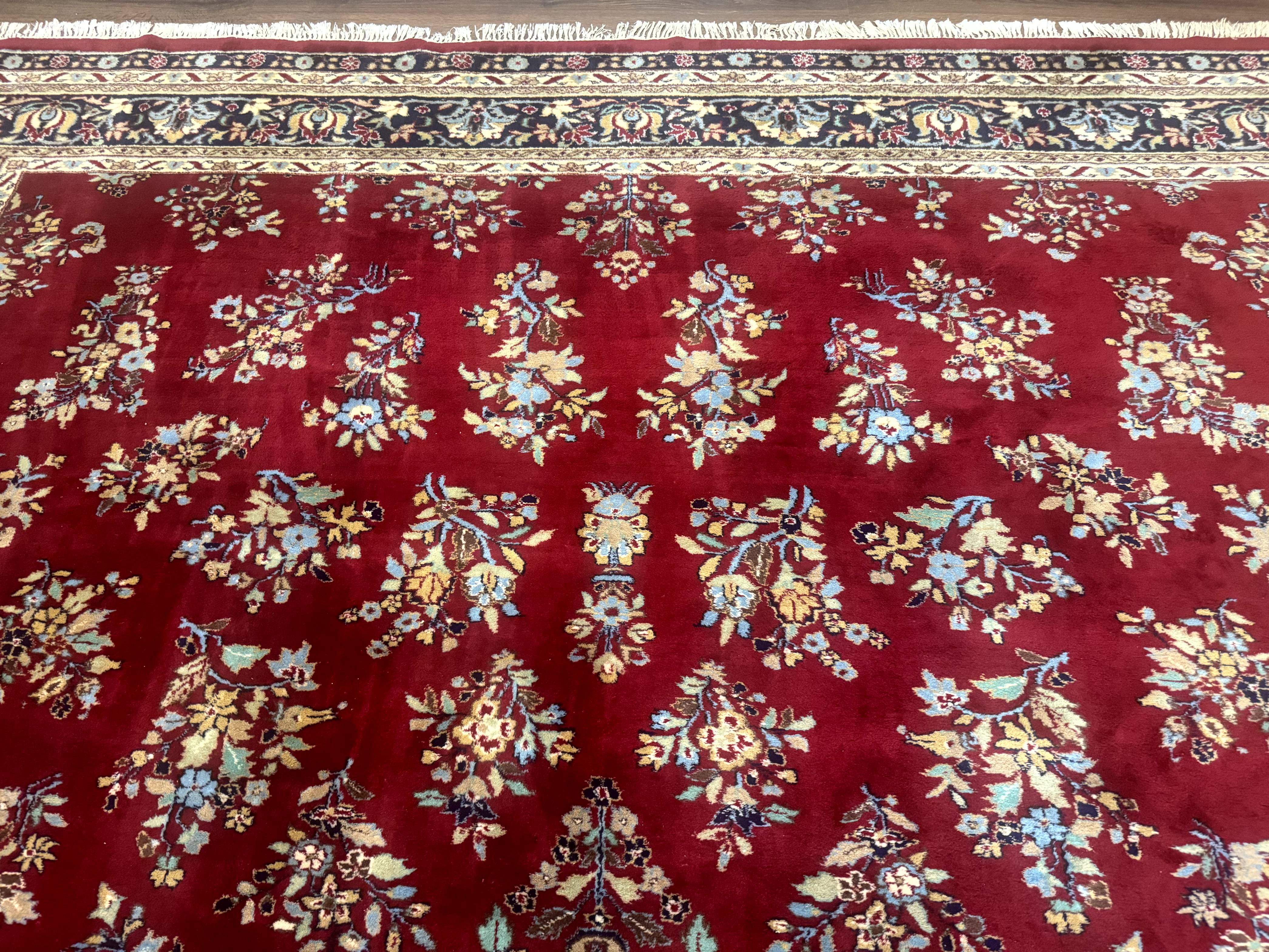 Indo Persian Sarouk Rug 10x14, Large Red and Navy Blue Carpet, Traditional Floral Wool Rug - Jewel Rugs