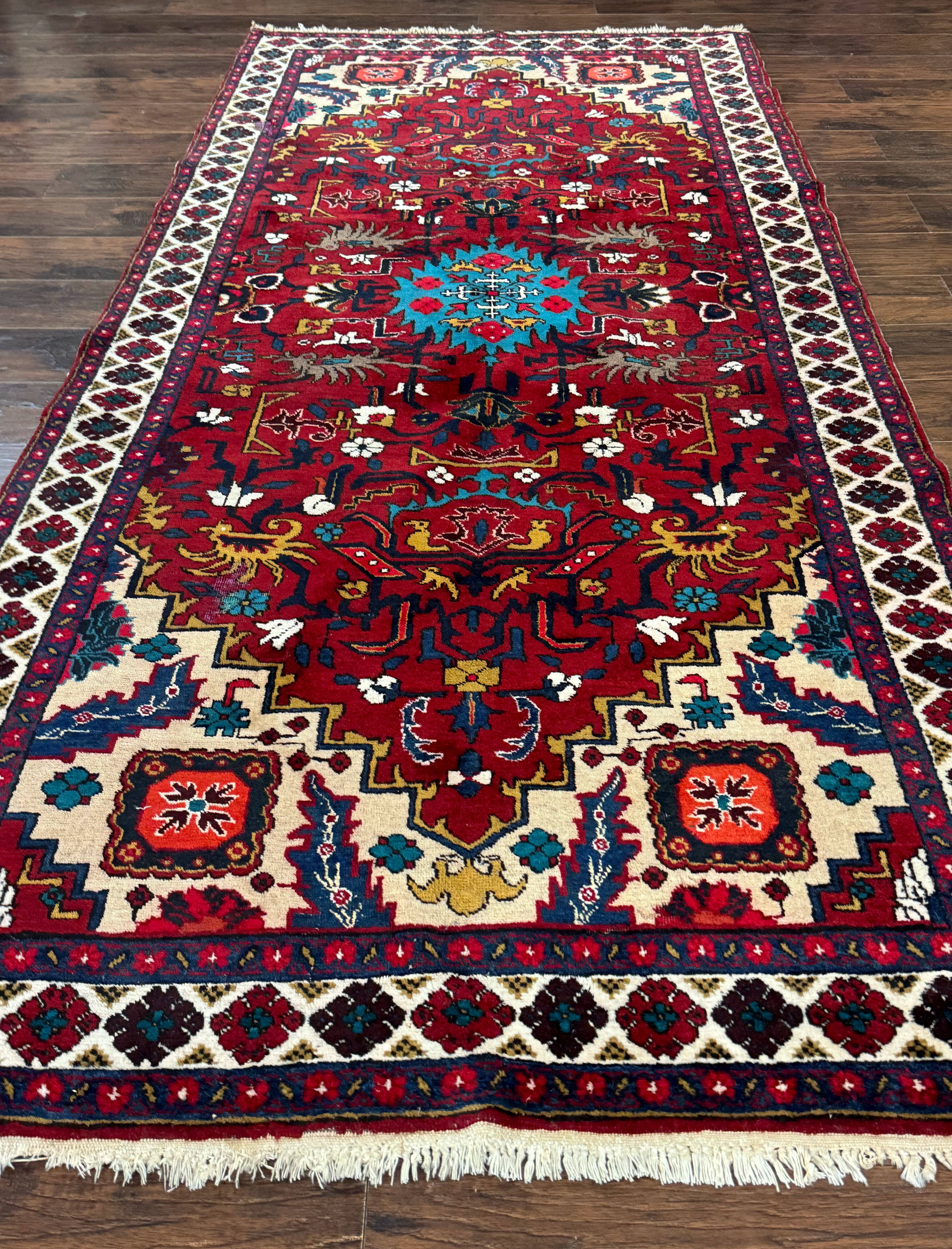 Persian Bakhtiari Rug 4.8 x 11, Wide Tribal Runner, Red Ivory and Blue, Vibrant Colors, Antique, Wool, Rare - Jewel Rugs