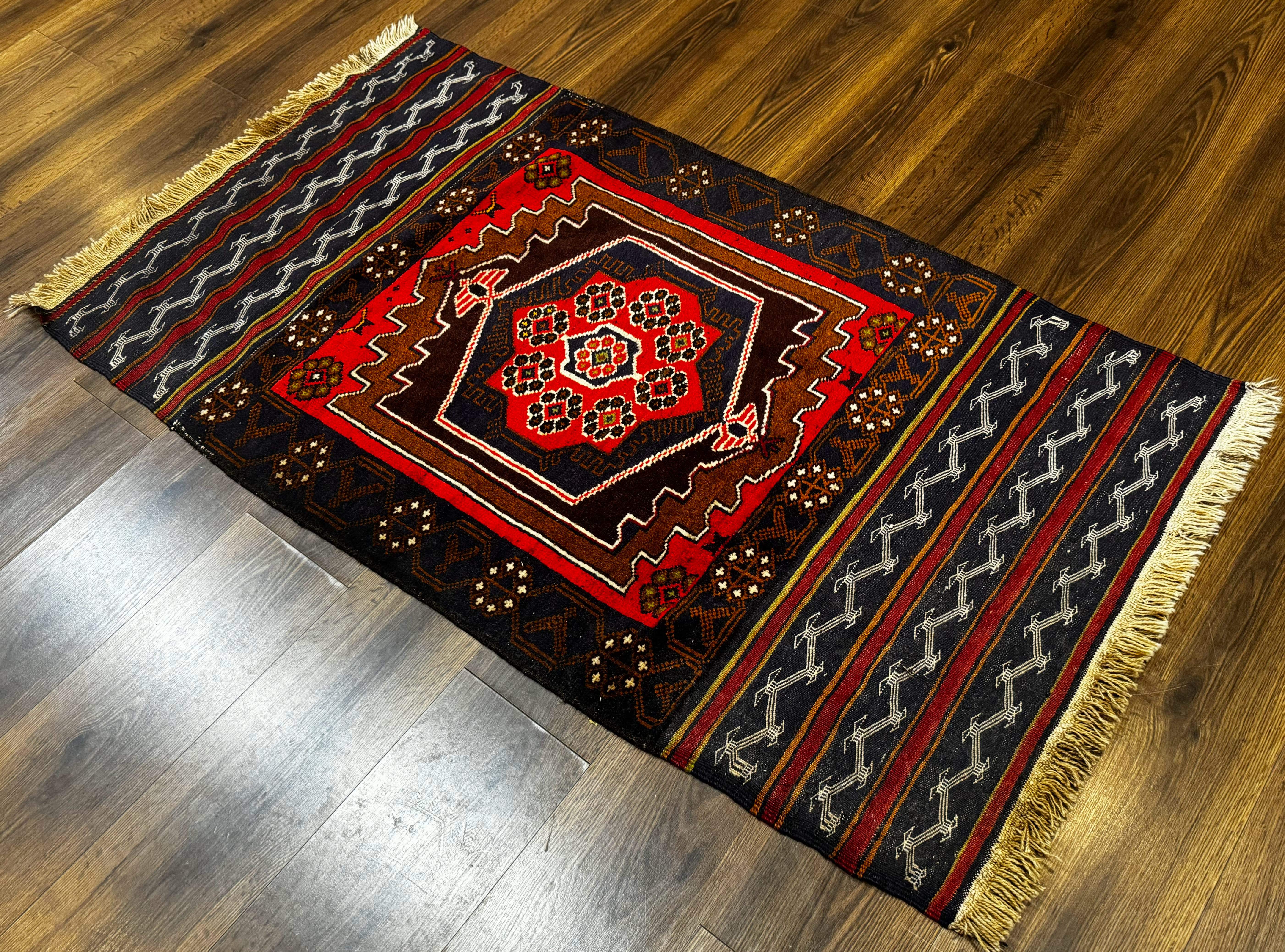 Afghan Rug 3x5, Tribal, Navy Blue, Wool, Handmade, Geometric, Rustic - Jewel Rugs