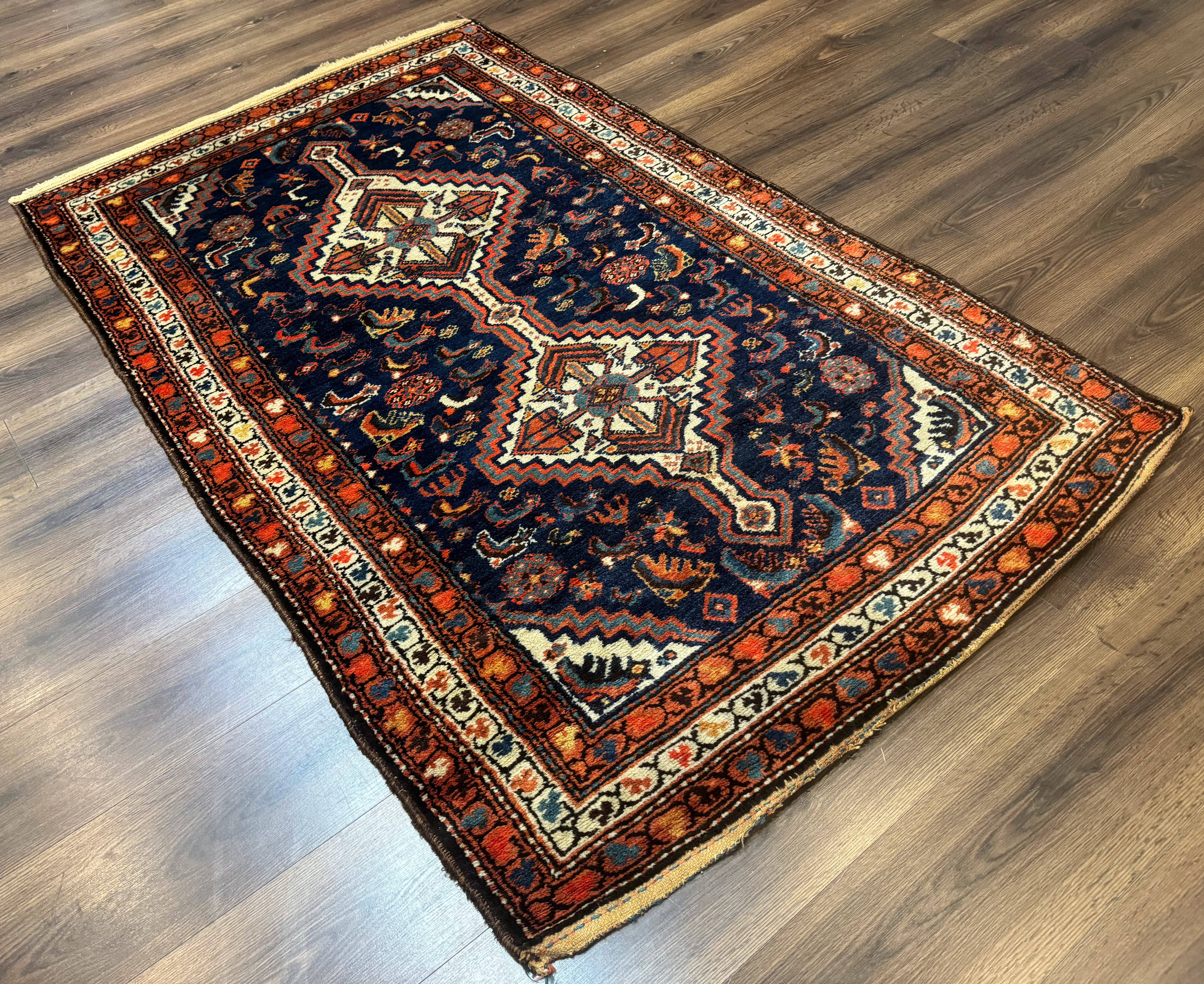 Antique Persian Hamadan Rug 4x6, Geometric, Double Medallions, Navy Blue, Tribal Carpet - Jewel Rugs