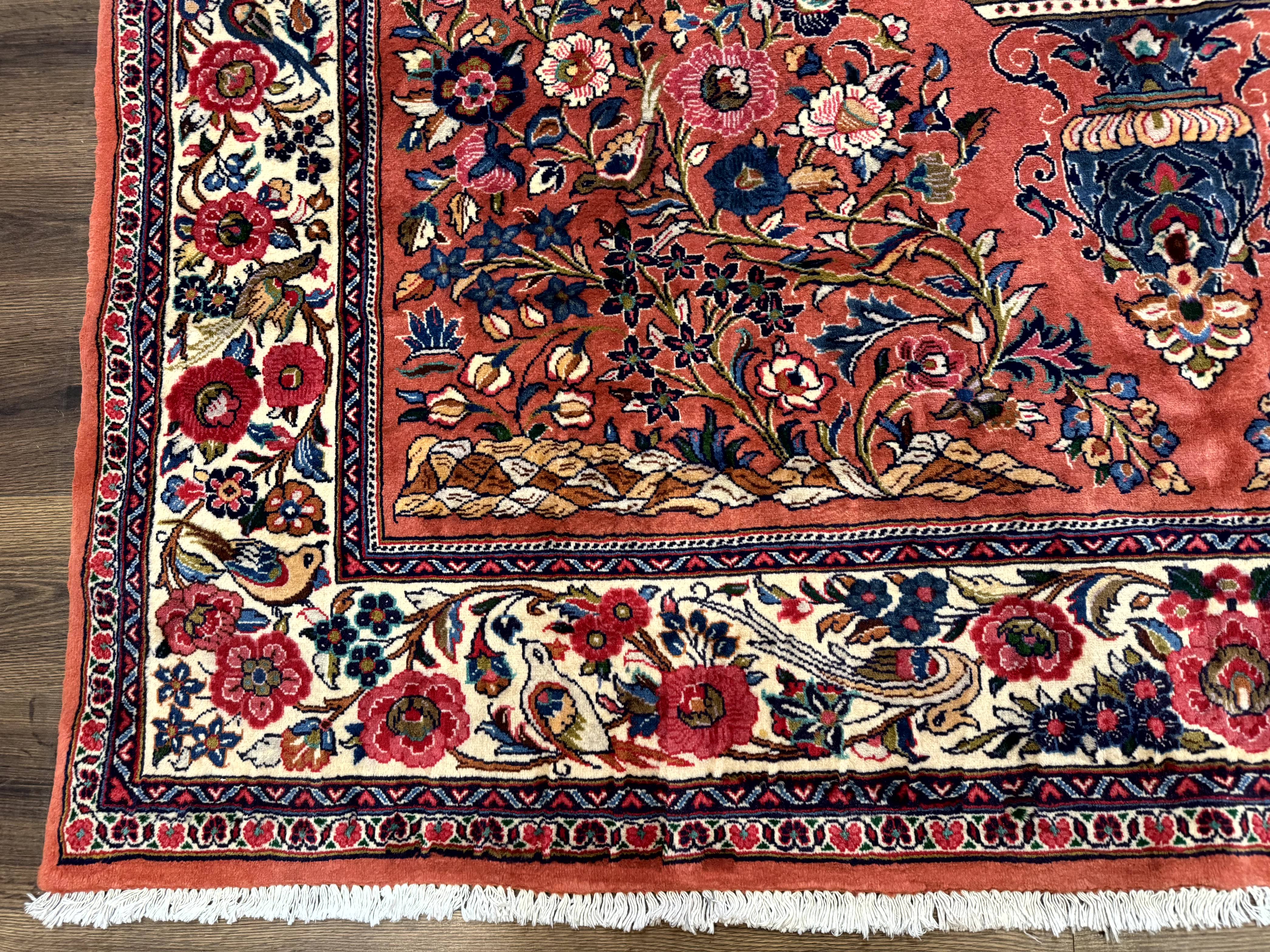 Persian Sarouk Rug 7x10, Red and Ivory, Floral Bouquets, Birds - Jewel Rugs