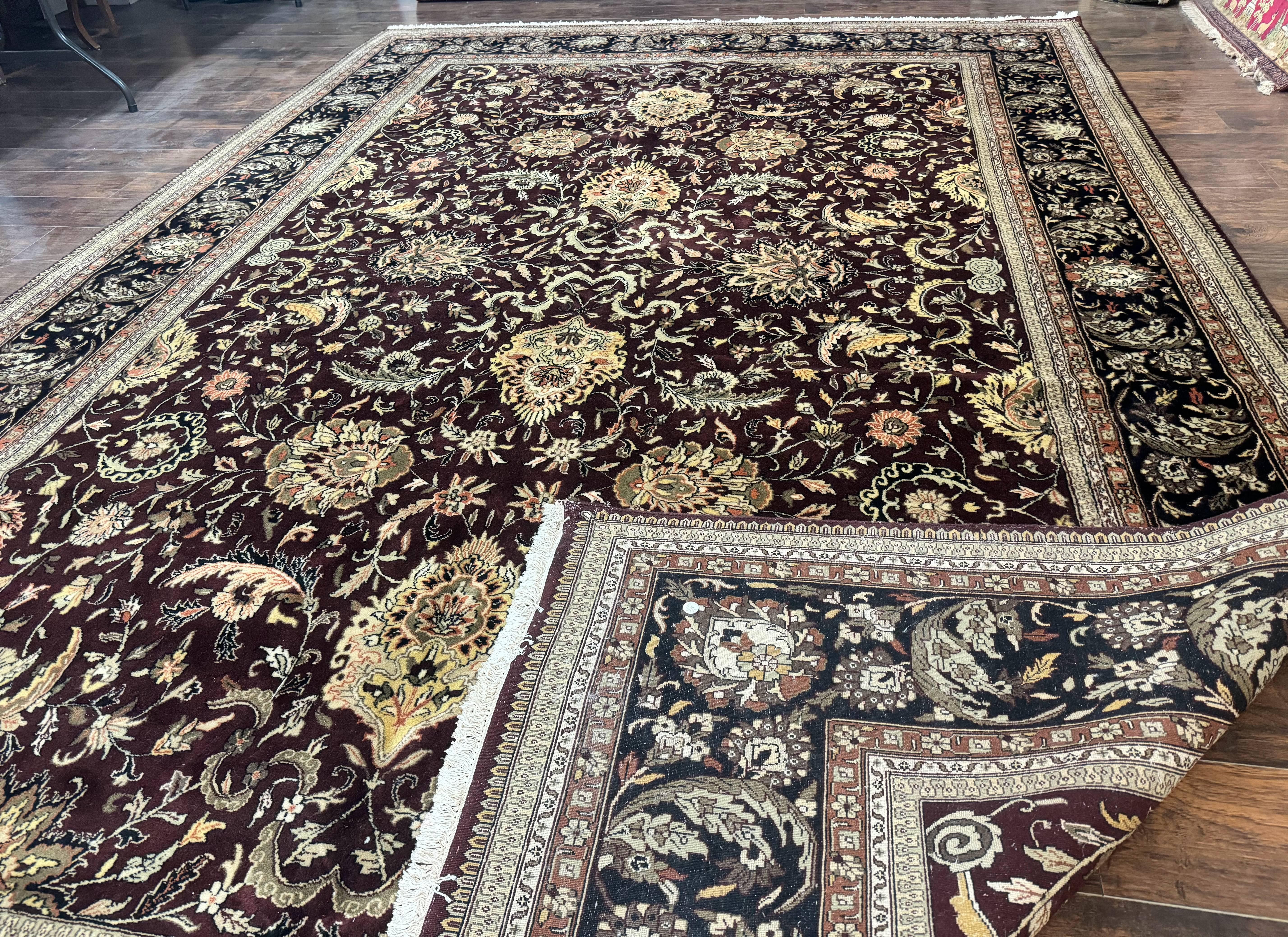 Indo Persian Rug 10x14, Floral Allover, Handmade Vintage Wool Rug, Dark Maroon/Plum and Black - Jewel Rugs