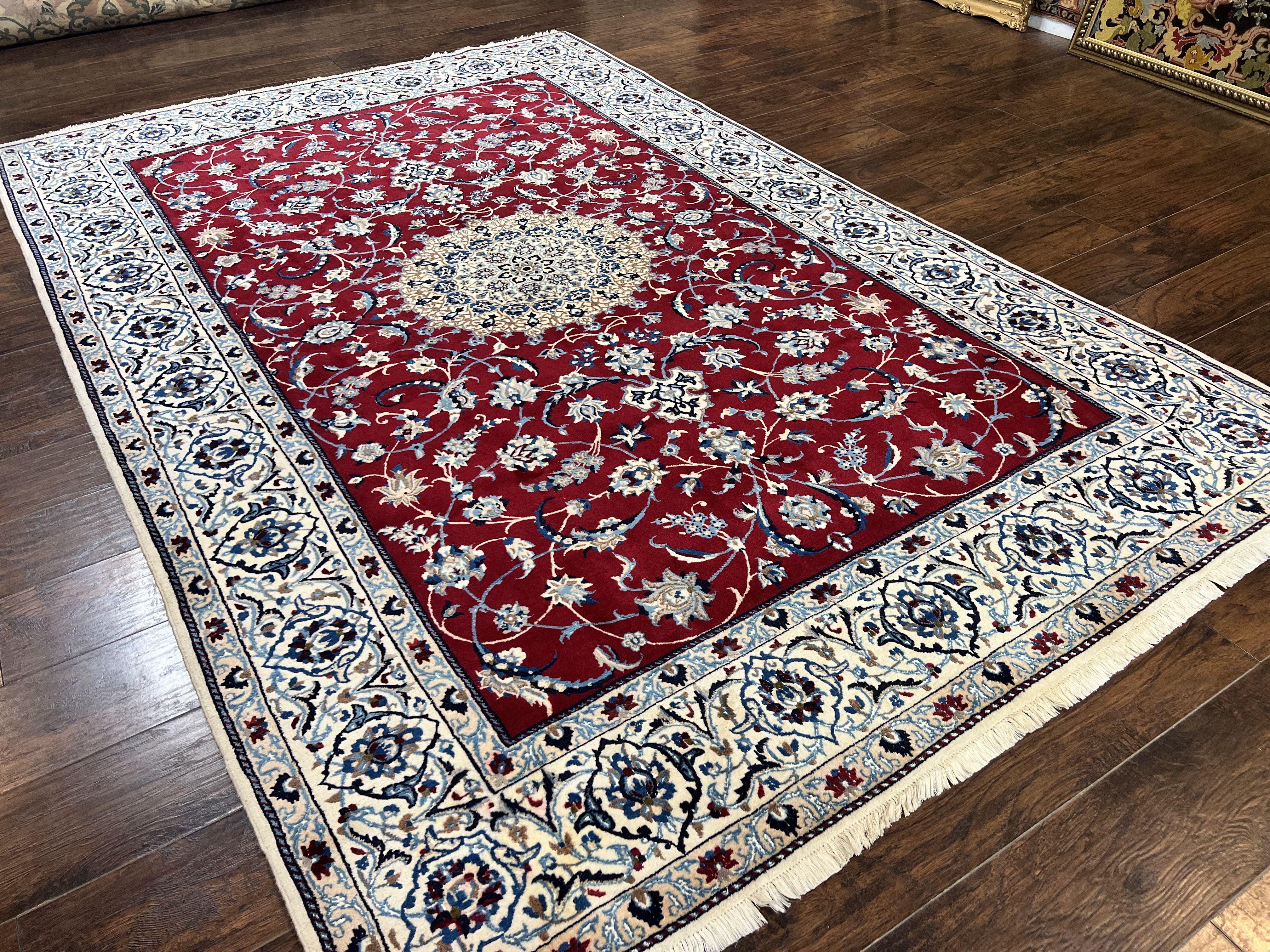 Persian Nain Rug 6x10, Wool and Silk Highlights, Red and Ivory, Floral Medallion, Vintage Handmade Hand Knotted, Fine 225 KPSI, Traditional Rug - Jewel Rugs