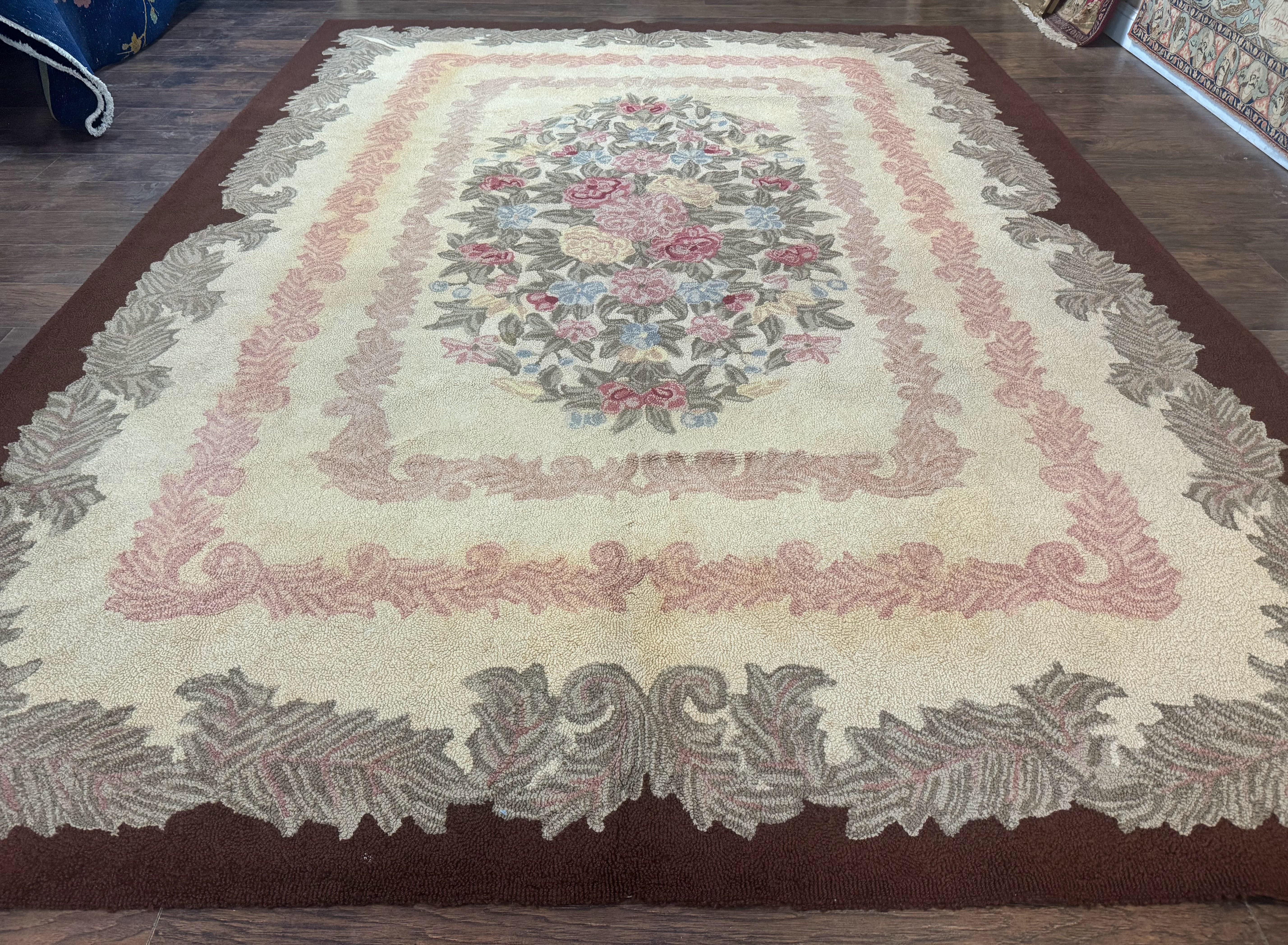 American Hand Hooked Rug 9x12, Vintage Aubusson Carpet, Wool - Jewel Rugs