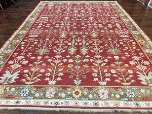 Indian Rug 10x14, Wool Hand Knotted Flatweave Carpet, Tree of Life, Red and Green