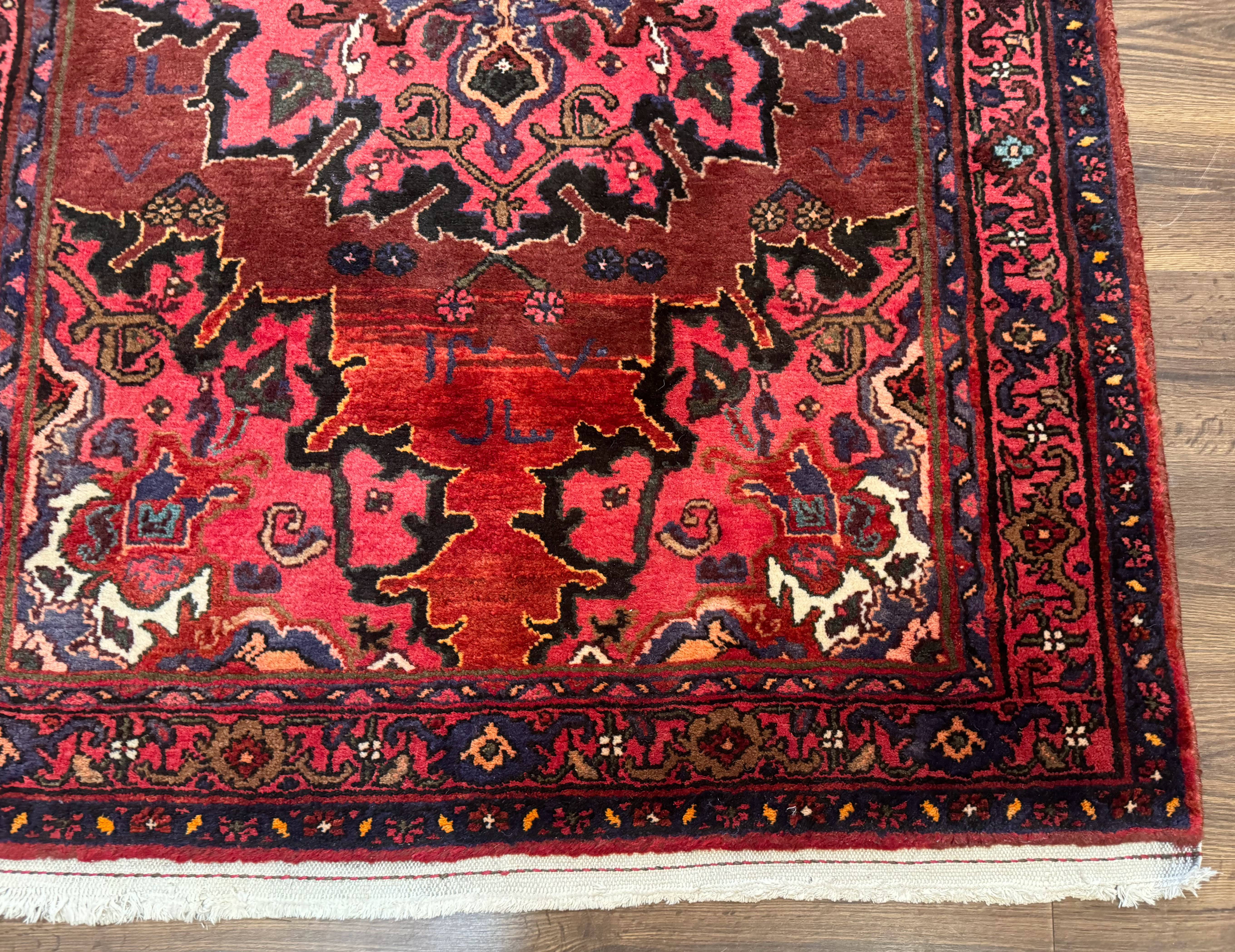 Persian Hamadan Rug 4x7, Red Pink Navy Blue, Vintage, Large Medallion, Village Tribal Carpet - Jewel Rugs