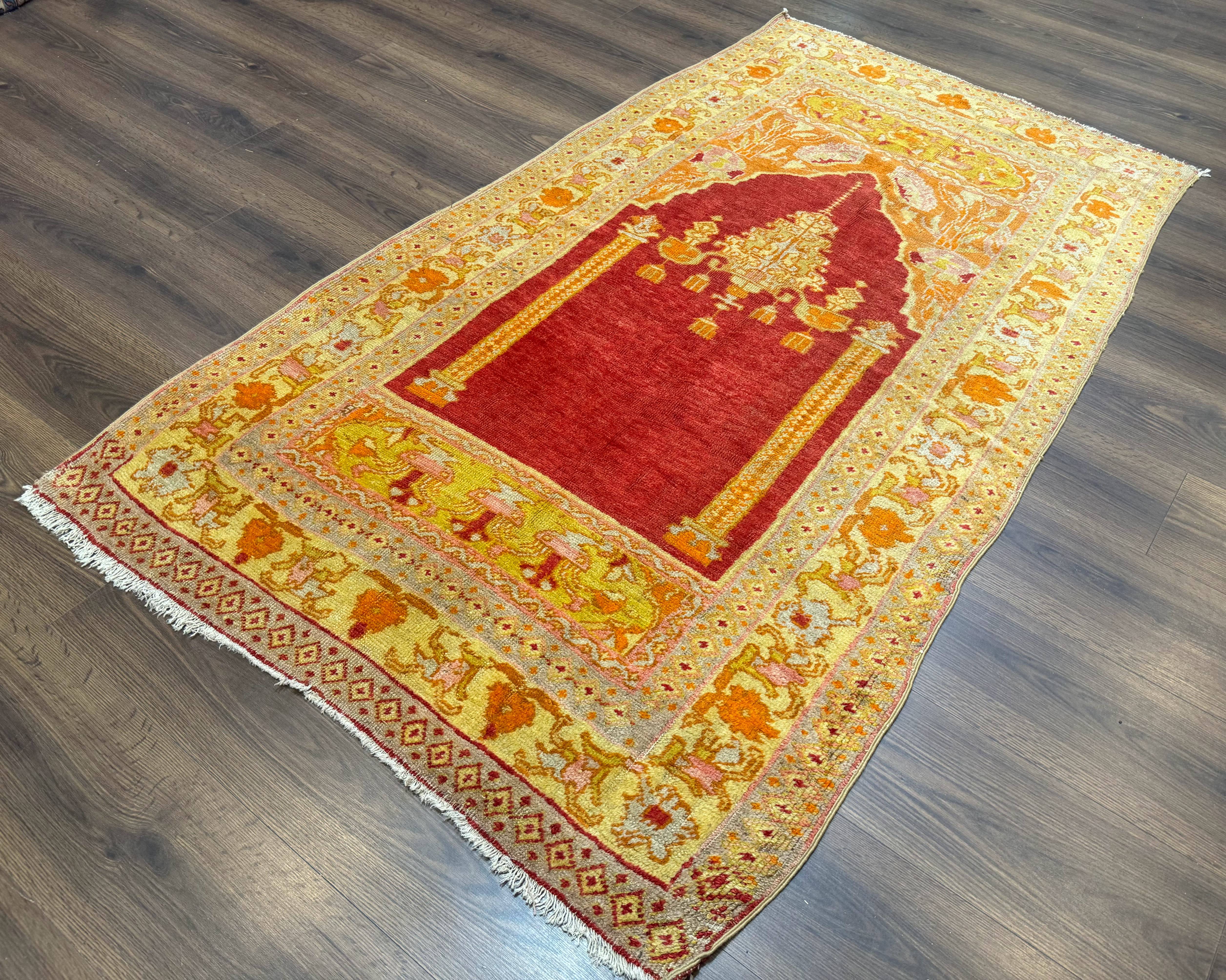 Antique Turkish Prayer Rug 4x6, Red and Golden Mustard, Mihrab Design, Anatolian Carpet - Jewel Rugs
