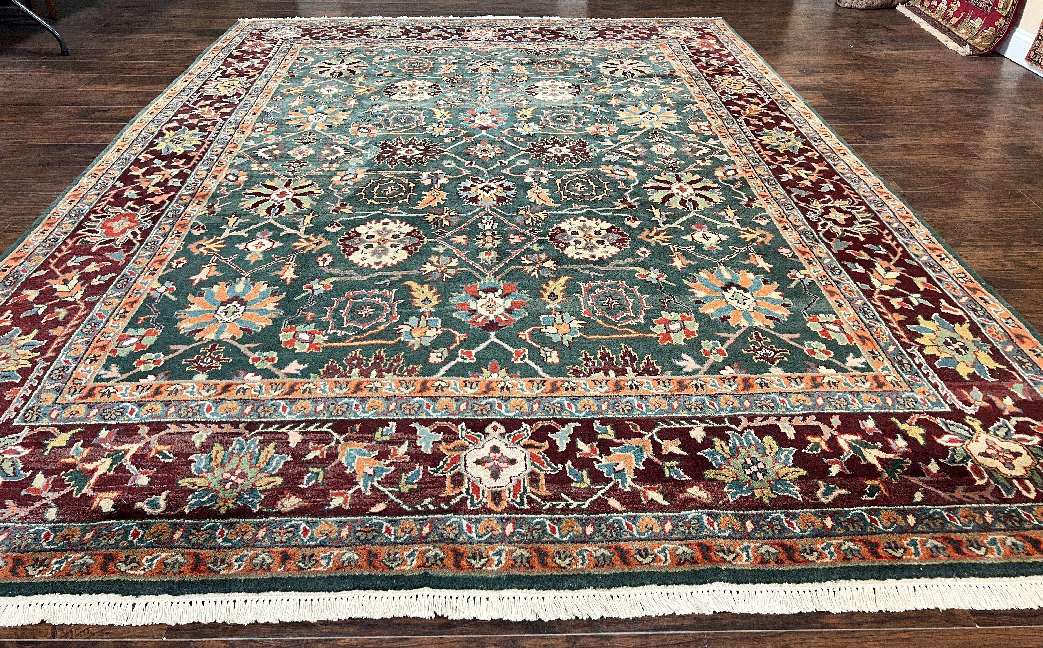 Indo Persian Rug 9x12, Wool Hand Knotted Vintage Carpet, Green and Maroon, Traditional Allover Floral Design, 9 x 12 Room Sized Rug - Jewel Rugs