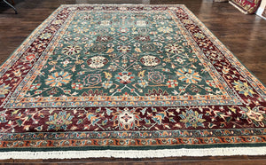 Indo Persian Rug 9x12, Wool Hand Knotted Vintage Carpet, Green and Maroon, Traditional Allover Floral Design, 9 x 12 Room Sized Rug