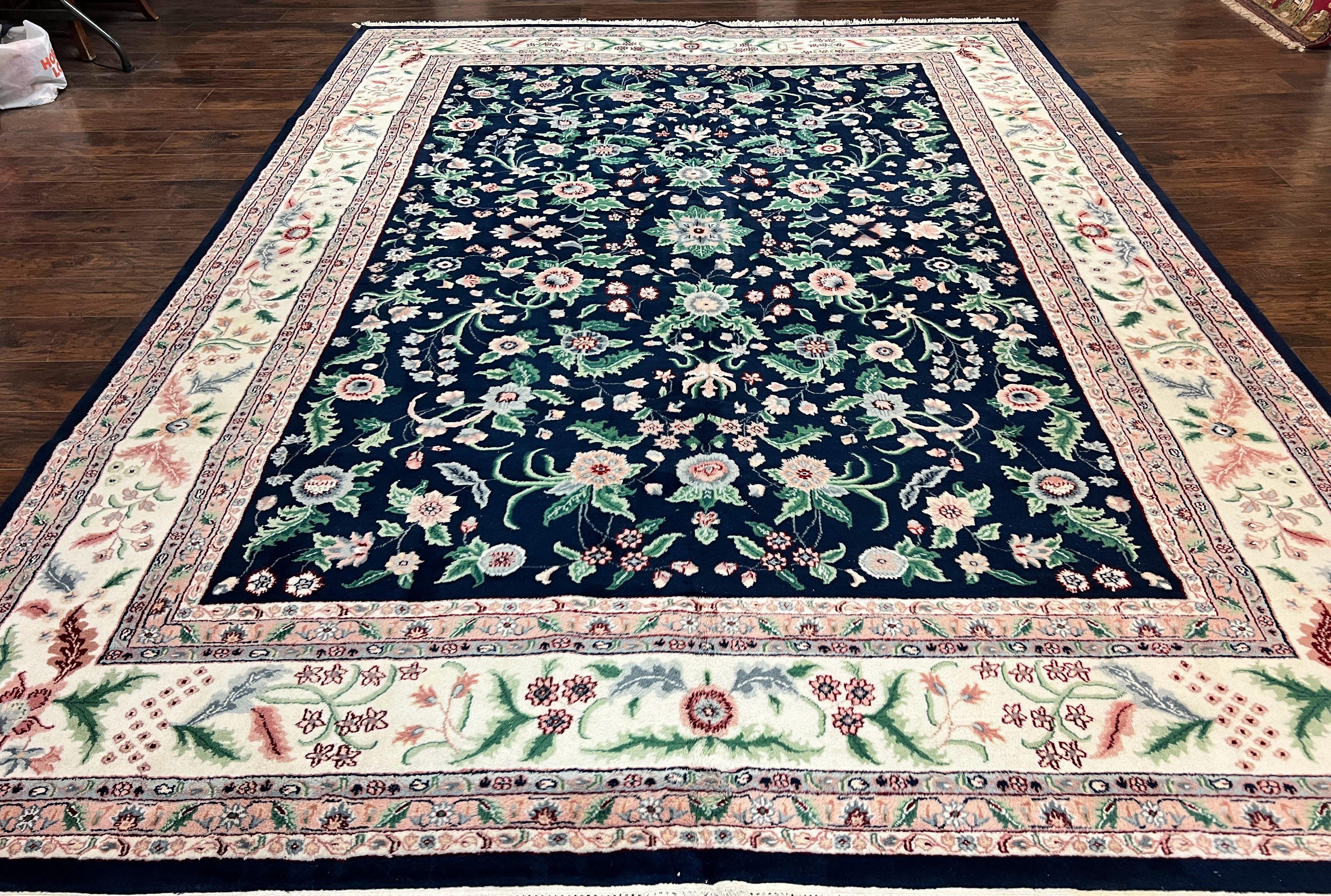 Indo Persian Rug 9x12, Wool Hand Knotted Vintage Carpet, Navy Blue & Ivory, Floral Allover Oriental Rug, 9 x 12 Room Sized Traditional Rug - Jewel Rugs