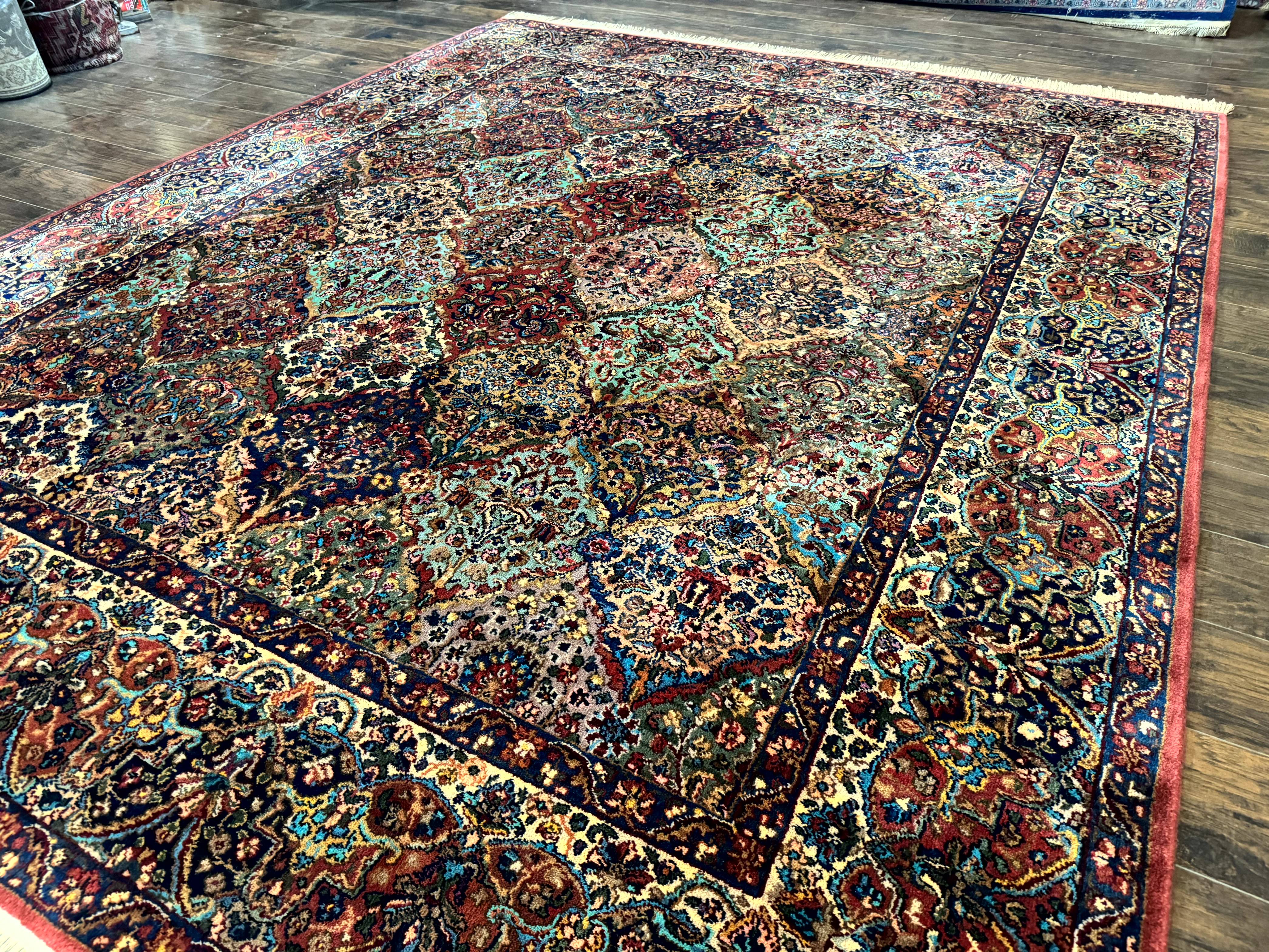 Karastan Rug 8.8 x 10.6, Multicolor Panel Kirman Rug #717, Original 700 Series, Vintage, 100% Wool Pile - Jewel Rugs