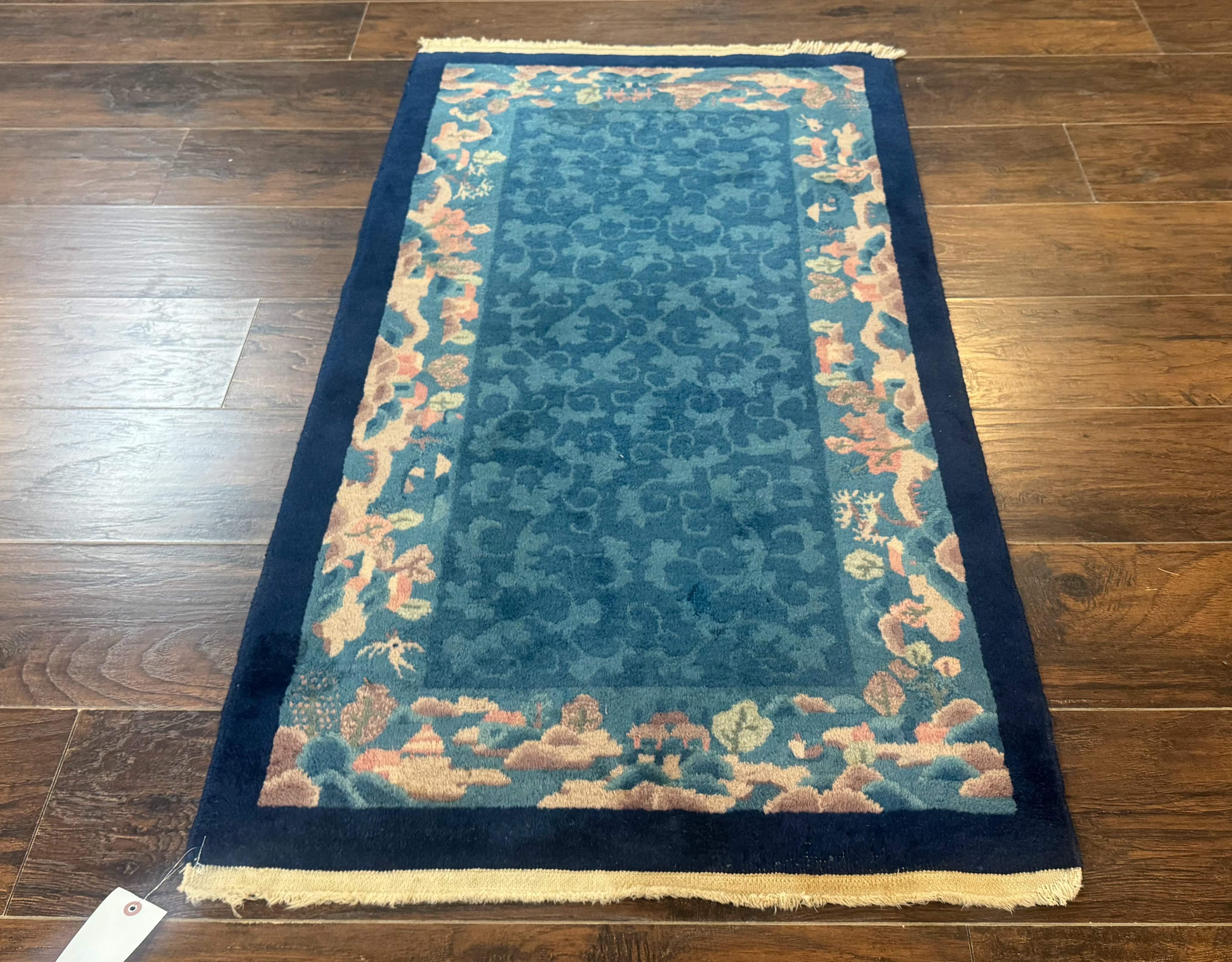 Blue Chinese Rug 2.6 x 4, Fete Rug, Peking Rug, Chinese Wool Rug, Art Deco Carpet - Jewel Rugs