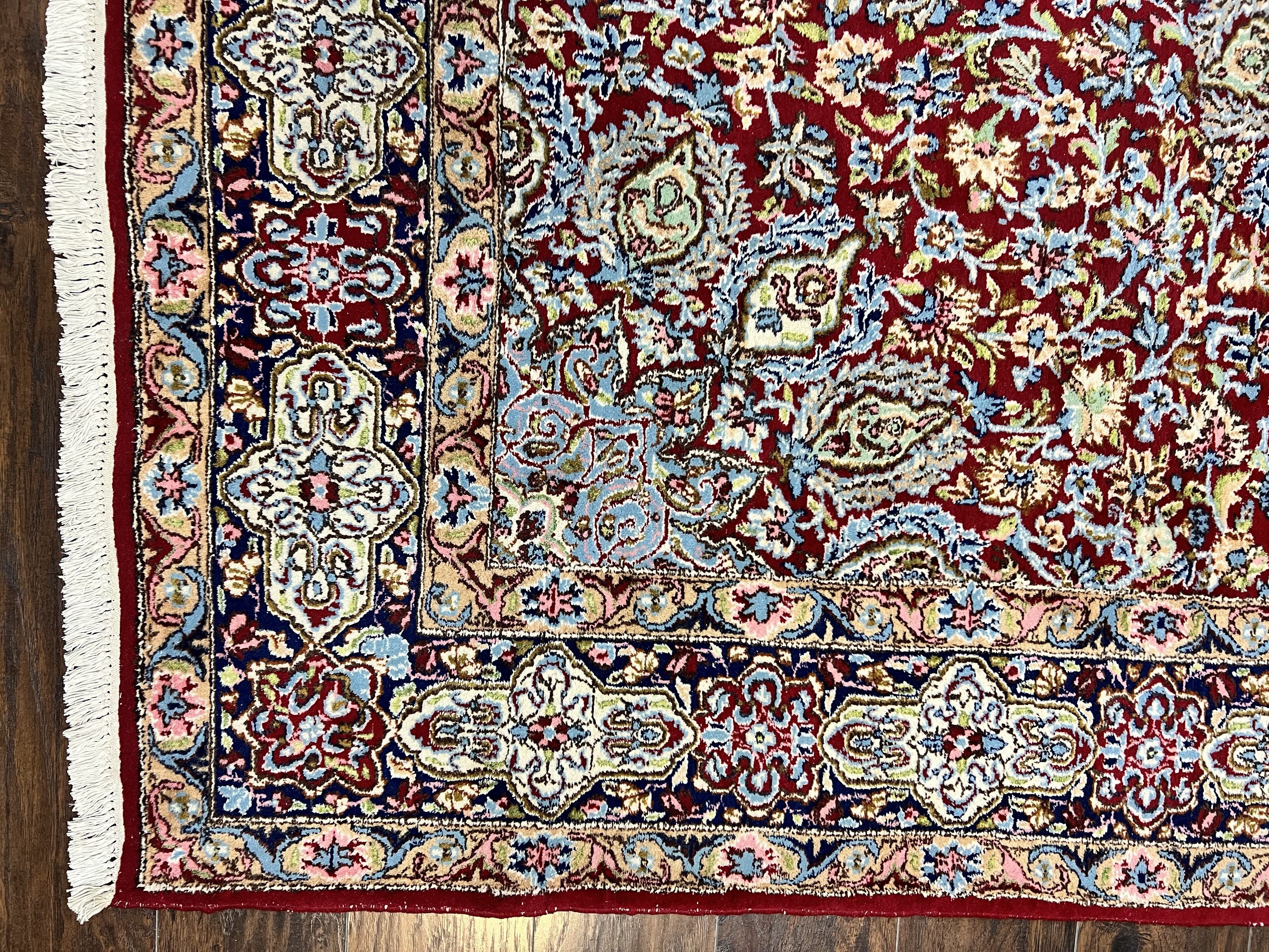 Persian Rug 7x10, Kirman Oriental Carpet 7 x 10 ft, Hand Knotted Wool Floral Medallion Semi Antique Persian Rug, Dark Red Light Blue Vintage - Jewel Rugs