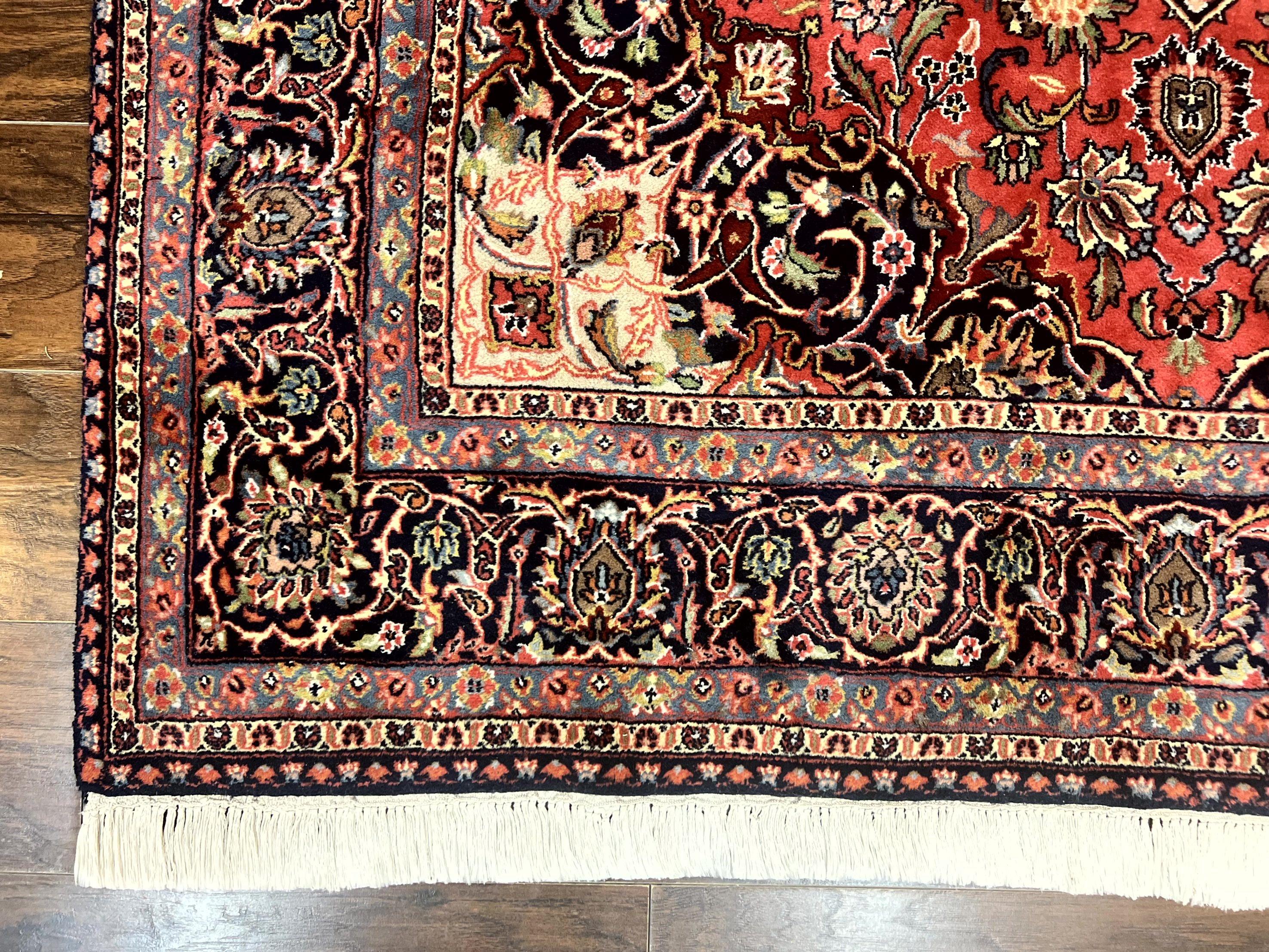 Persian Kashan Rug 6x9, Red and Dark Blue, Handmade Vintage Wool Carpet, Floral Medallion - Jewel Rugs