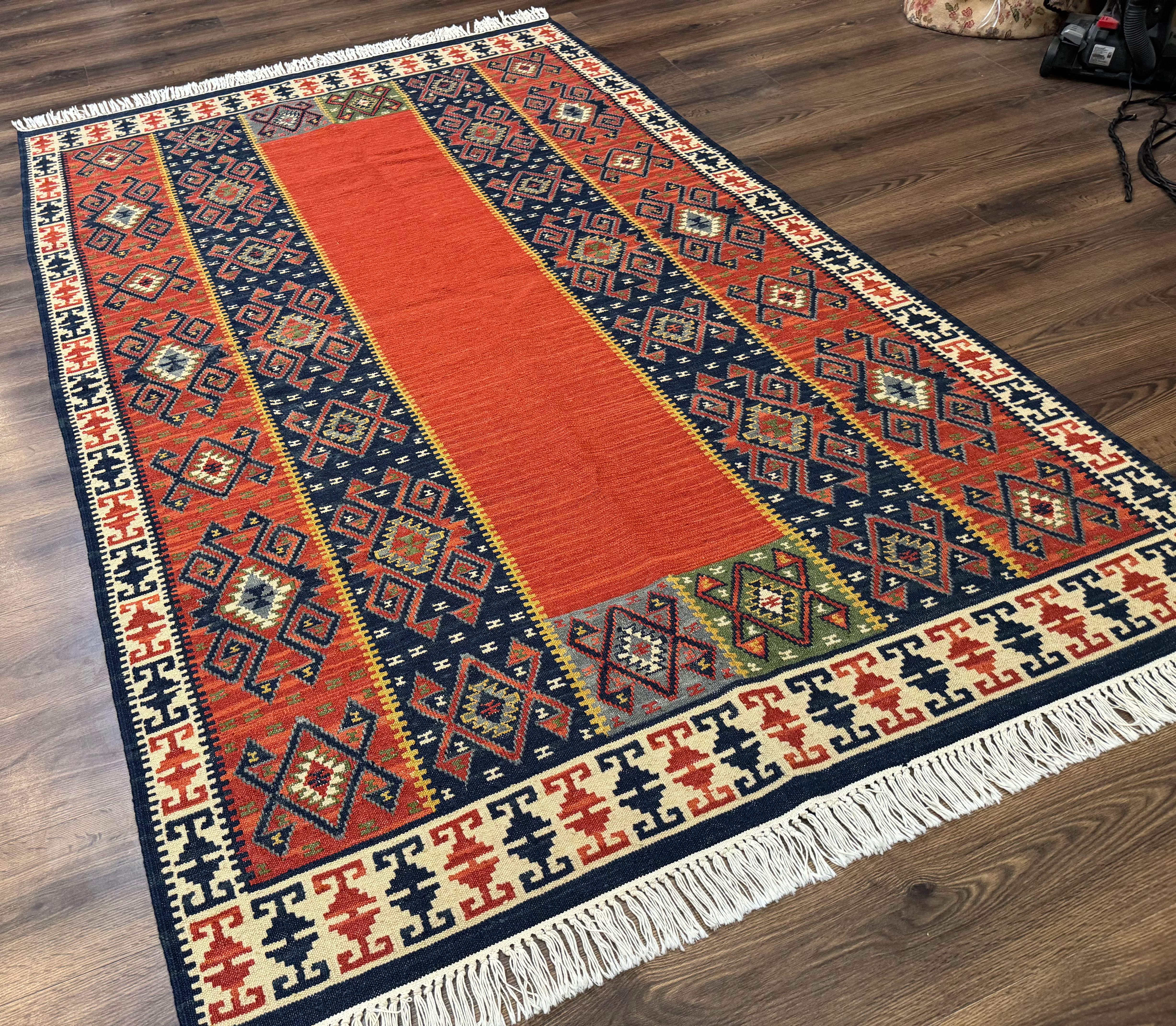 Turkish Kilim Rug 5x8, Flatweave Carpet, Handmade Bohemian Rug, Terracotta and Navy Blue - Jewel Rugs
