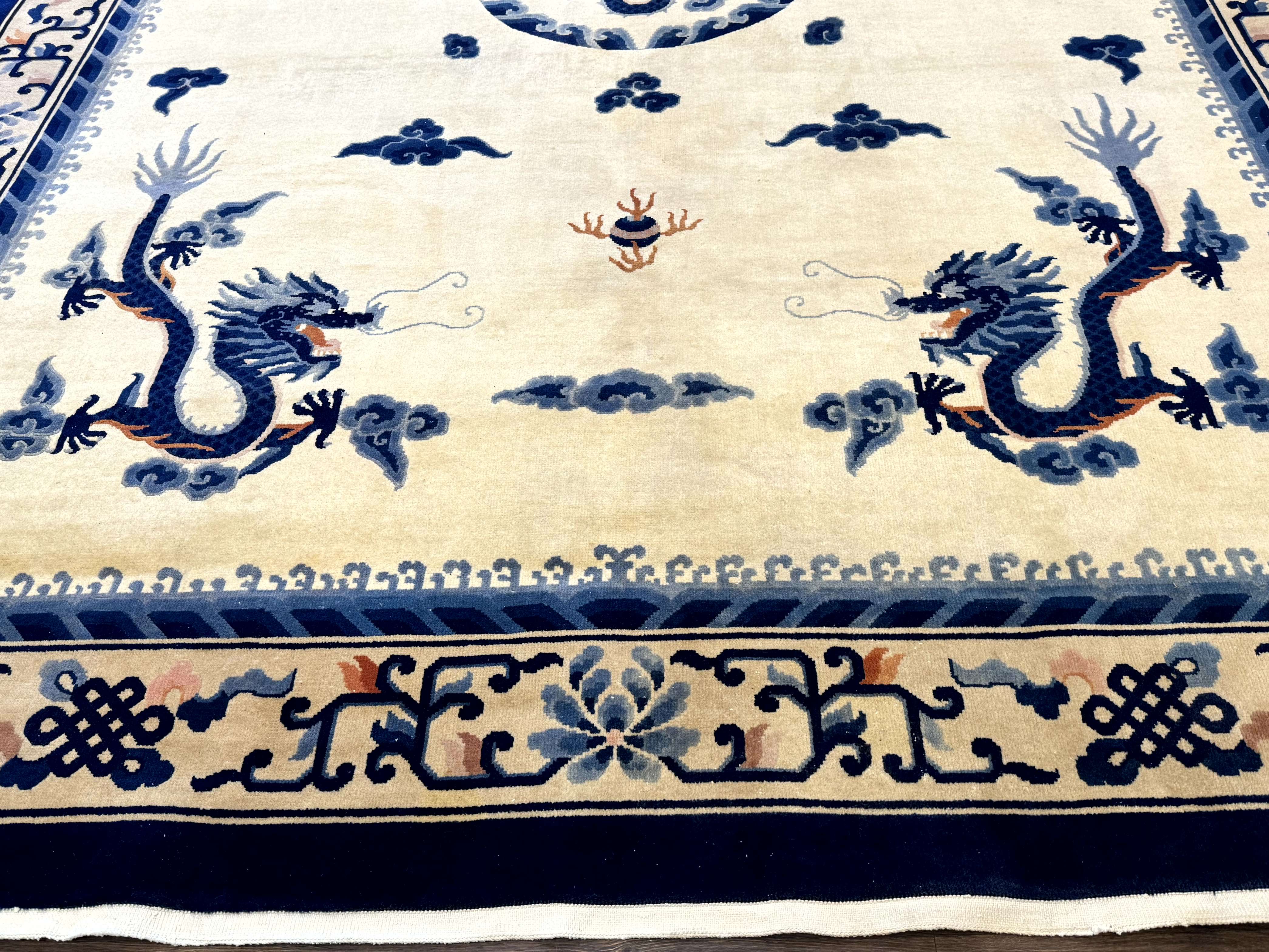 Chinese Dragon Peking Rug 8 x 11.6, Ivory and Blue, Chinese Wool Rug, Vintage - Jewel Rugs