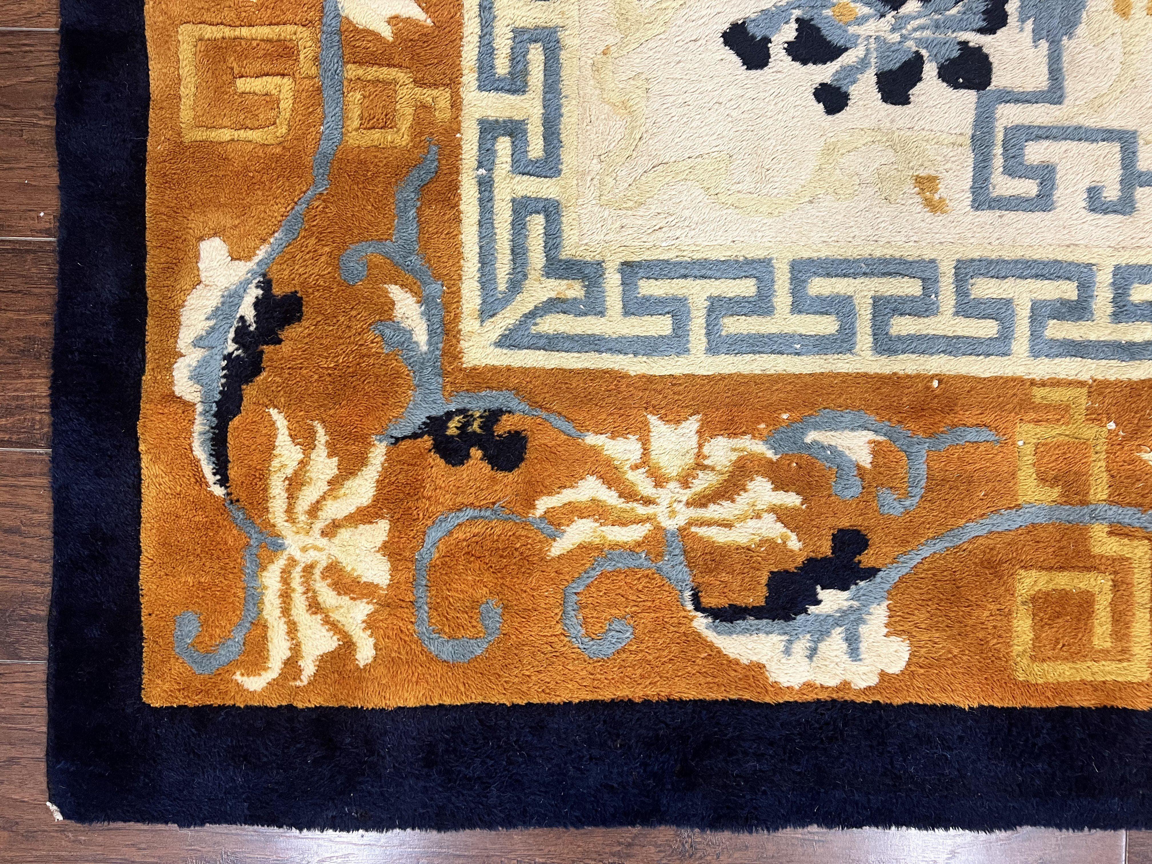 Indo Chinese Rug 9x12, Asian Oriental Carpet 9 x 12, Cream & Burnt Orange, Handmade Wool Vintage Art Deco Rug - Jewel Rugs