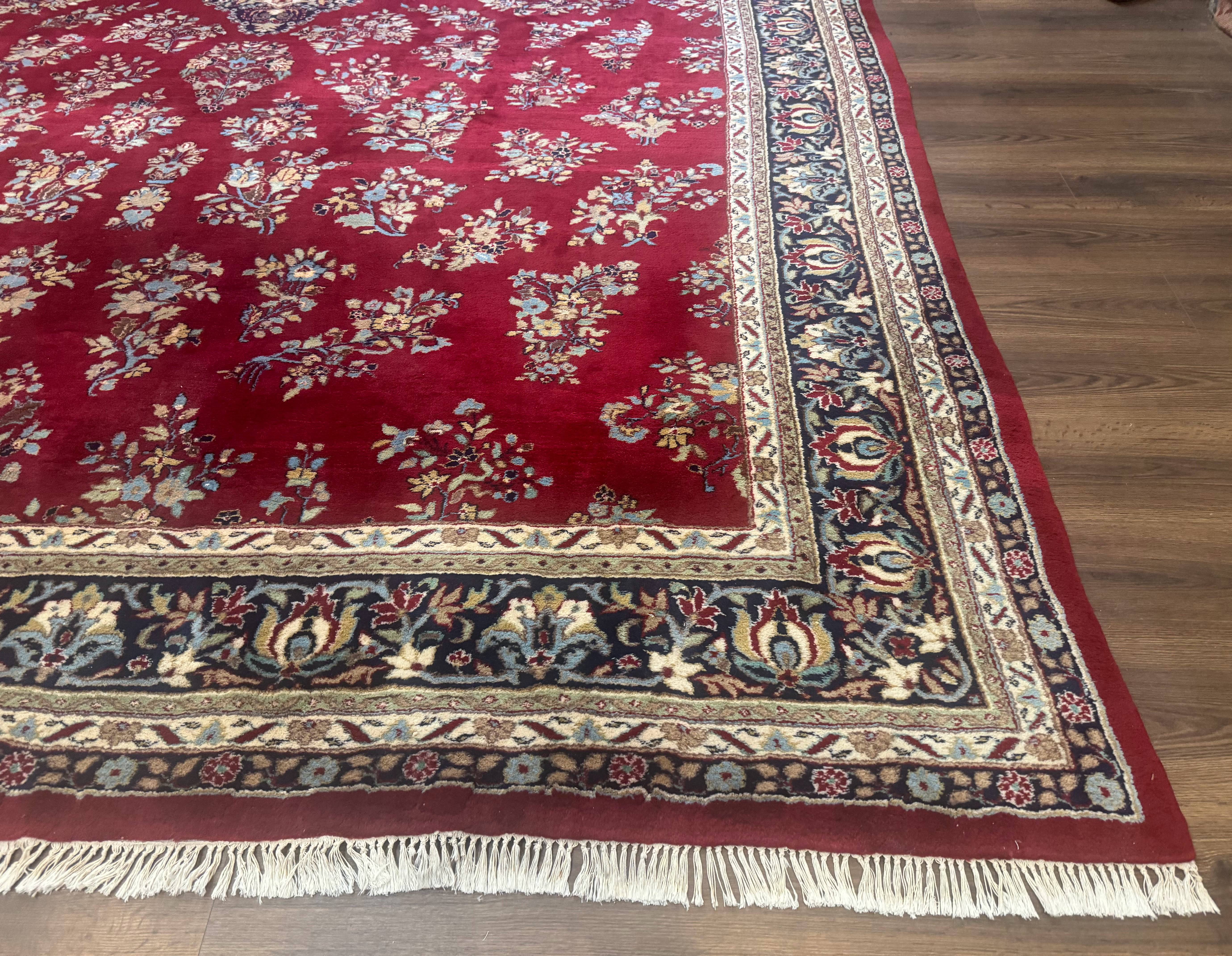 Indo Persian Sarouk Rug 10x14, Large Red and Navy Blue Carpet, Traditional Floral Wool Rug - Jewel Rugs