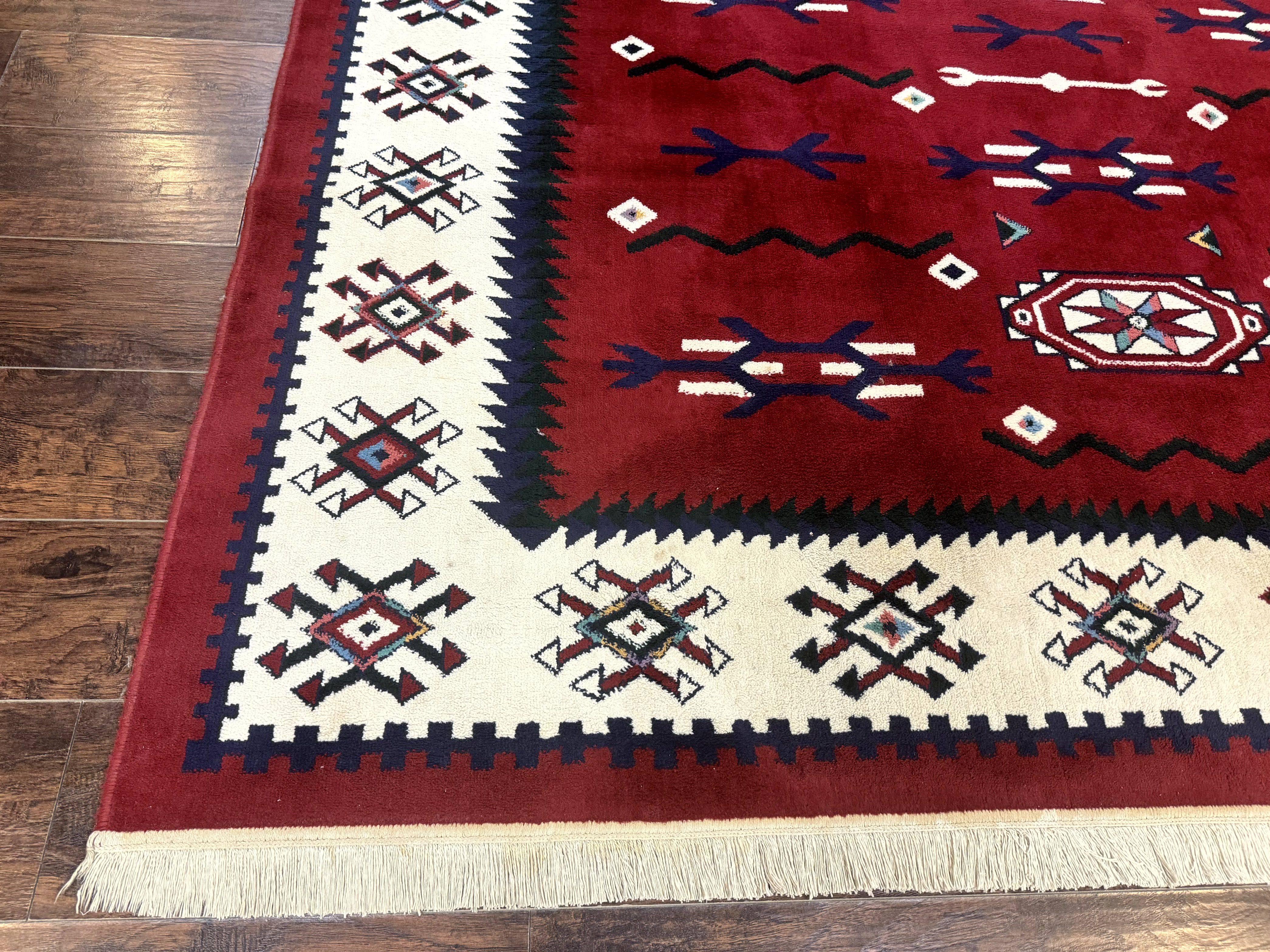 Belgium Power Loomed Rug 8x11, Navajo Native American Design, Dark Red and Ivory, Tribal Rug, Bohemian Carpet - Jewel Rugs