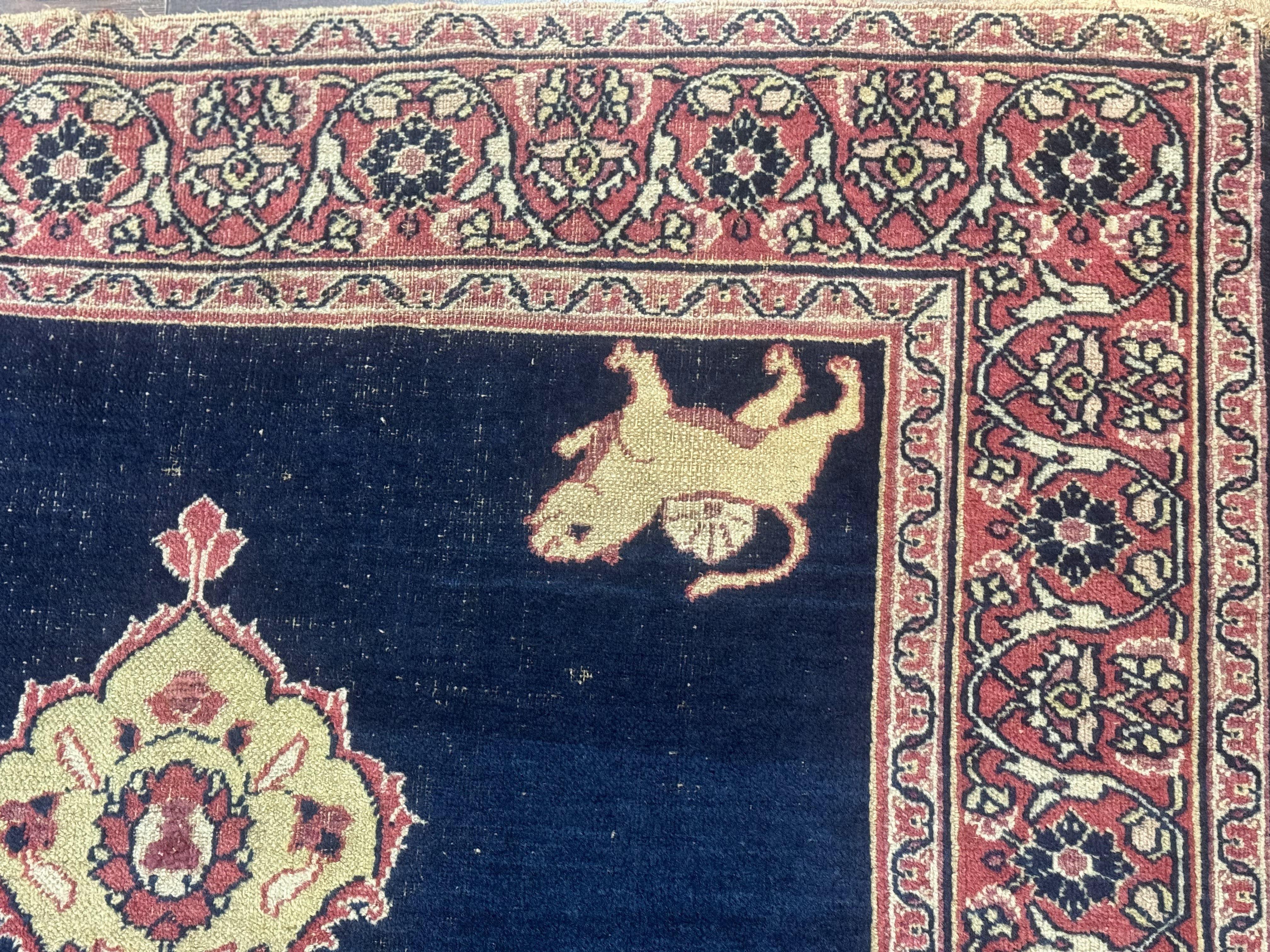 Antique Persian Mashad Rug 4x6, Semi Open Field, Navy Blue, Lion Pictorials, Triple Medallion, Dorokhsh Rug - Jewel Rugs