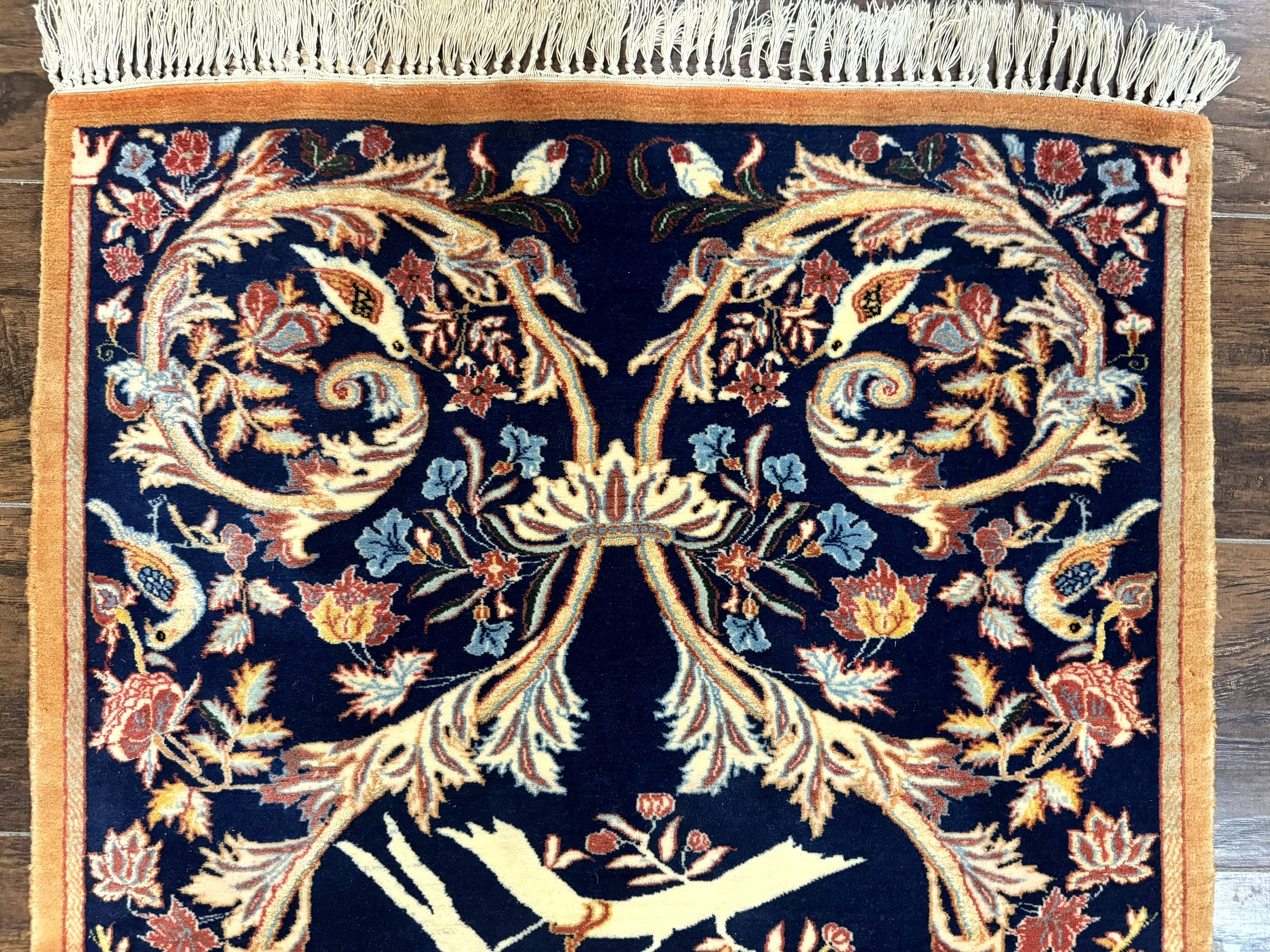 Persian Isfahan Rug 2x4, Birds, Navy Blue, Kork Wool on Silk Foundation, 460 KPSI - Jewel Rugs