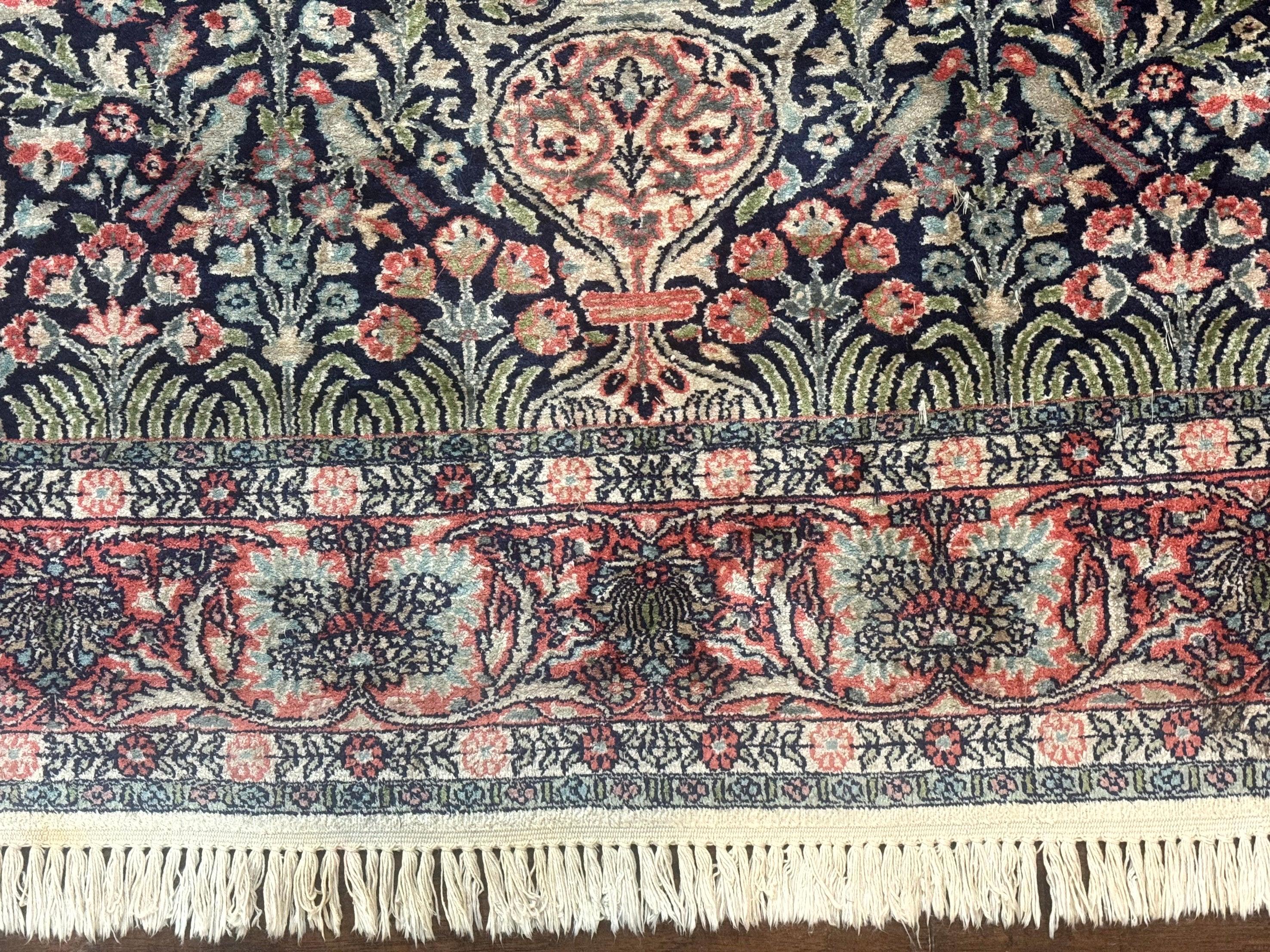 Silk Indian Kashmiri Rug 4x6, Tree of Life Pattern, Birds, Fine 290 KPSI, Navy Blue and Red, Handmade Oriental Carpet - Jewel Rugs