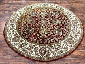 Round Indo Persian Rug 8x8, Floral, Handmade Vintage Wool Carpet, Indian Mahal Rug