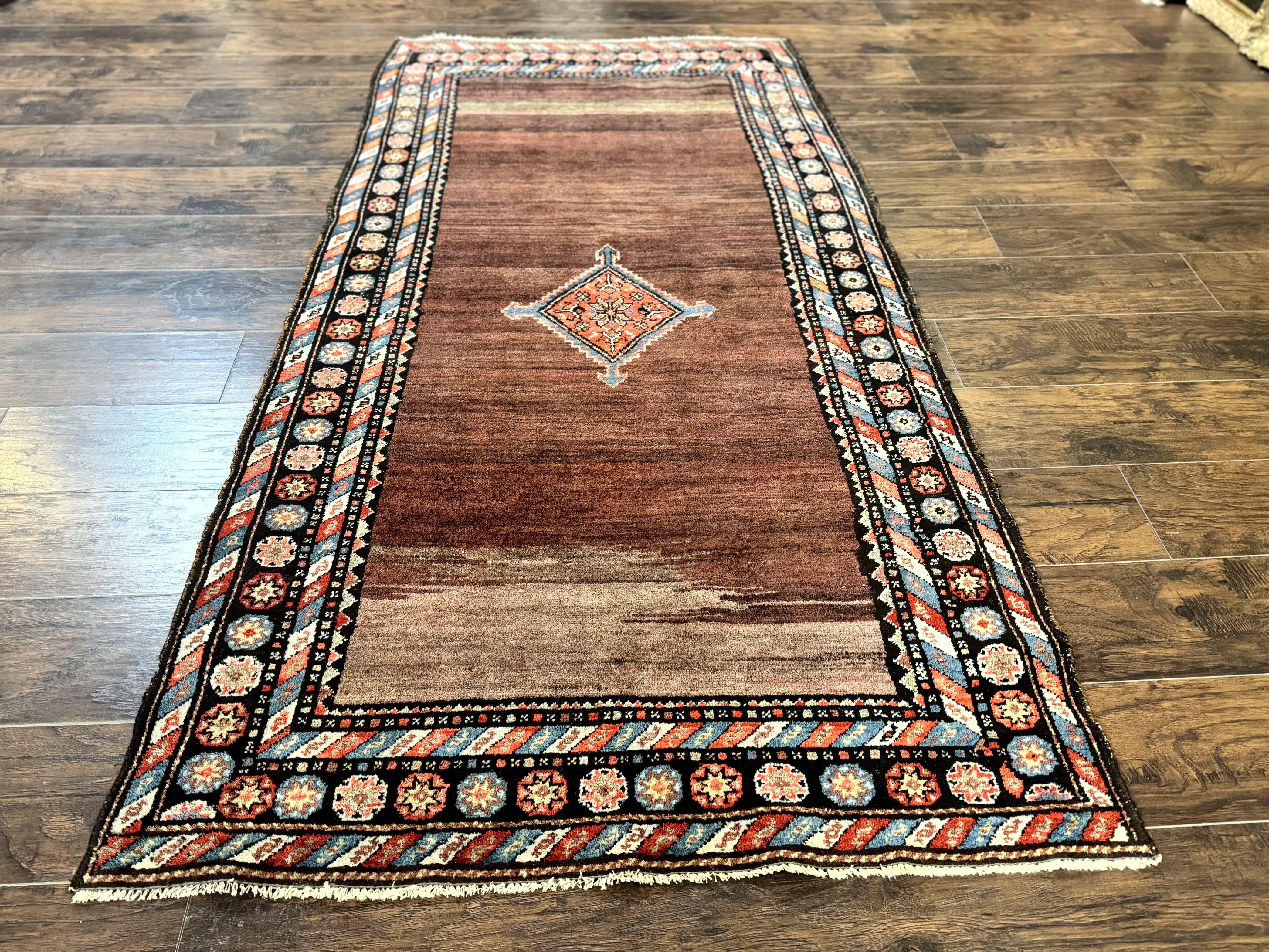 Antique Persian Rug 4x7, Sarab Tribal Wool Carpet, Brown and Multicolor, Handmade Wide Runner Rug 4 x 7, Open Field, Rainbow Border - Jewel Rugs