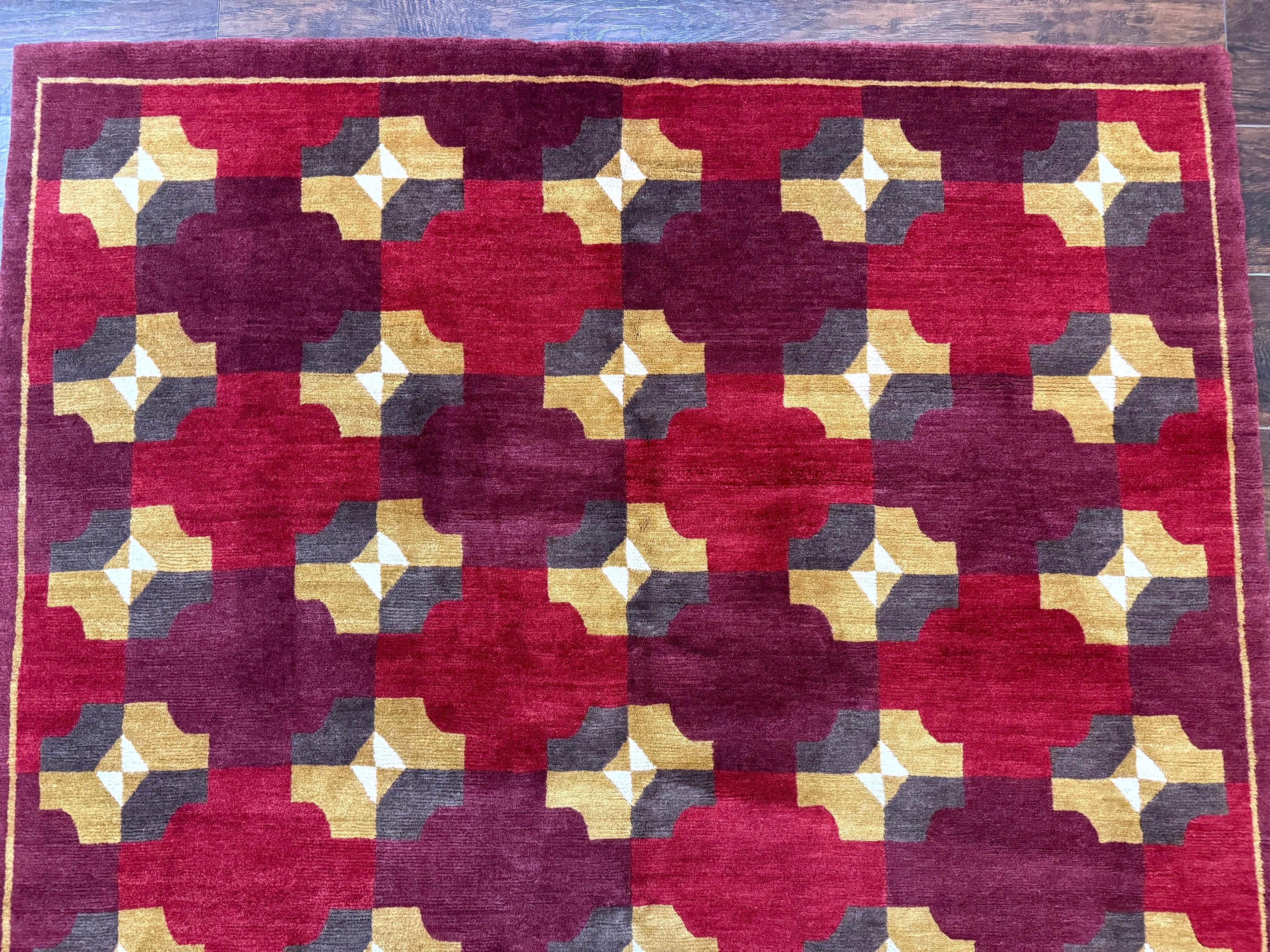 Modern Tibetan Rug 5 x 6.8, Wool, Red, Allover Pattern, Nepali Rug, Abstract Rug, Handmade Area Rug - Jewel Rugs