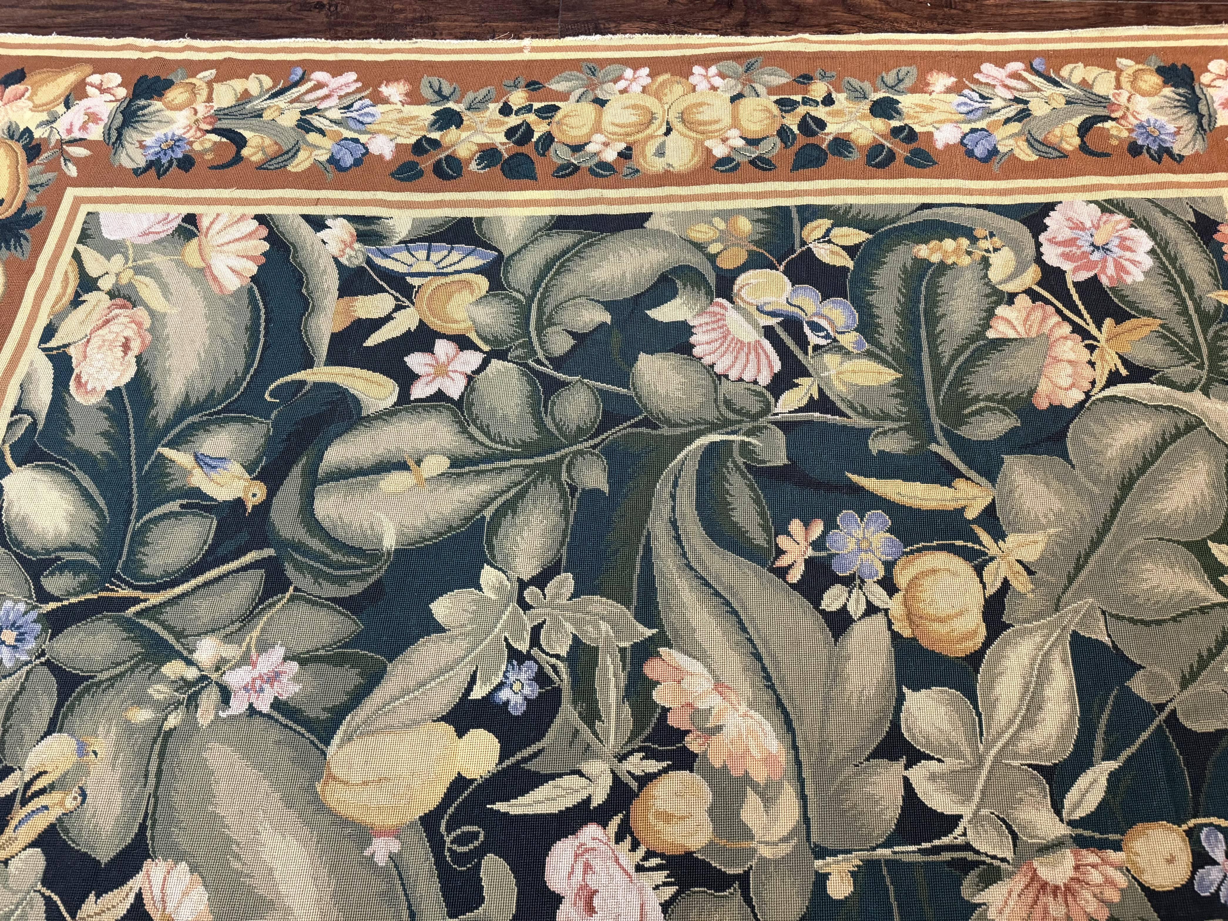 Needlepoint Rug 8x10, Vintage, Handmade, Wool, Green, Leaves & Fruits - Jewel Rugs