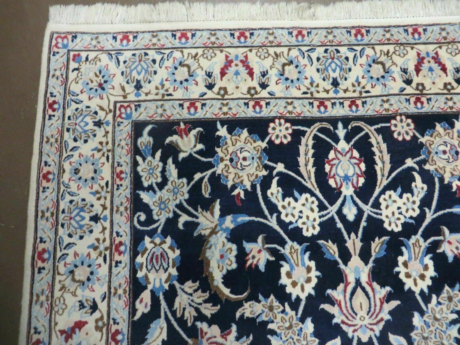 Persian Nain Rug 4x7, Navy Blue and Ivory, Handmade, Wool & Silk Highlights, Fine Oriental Rug, Vintage - Jewel Rugs