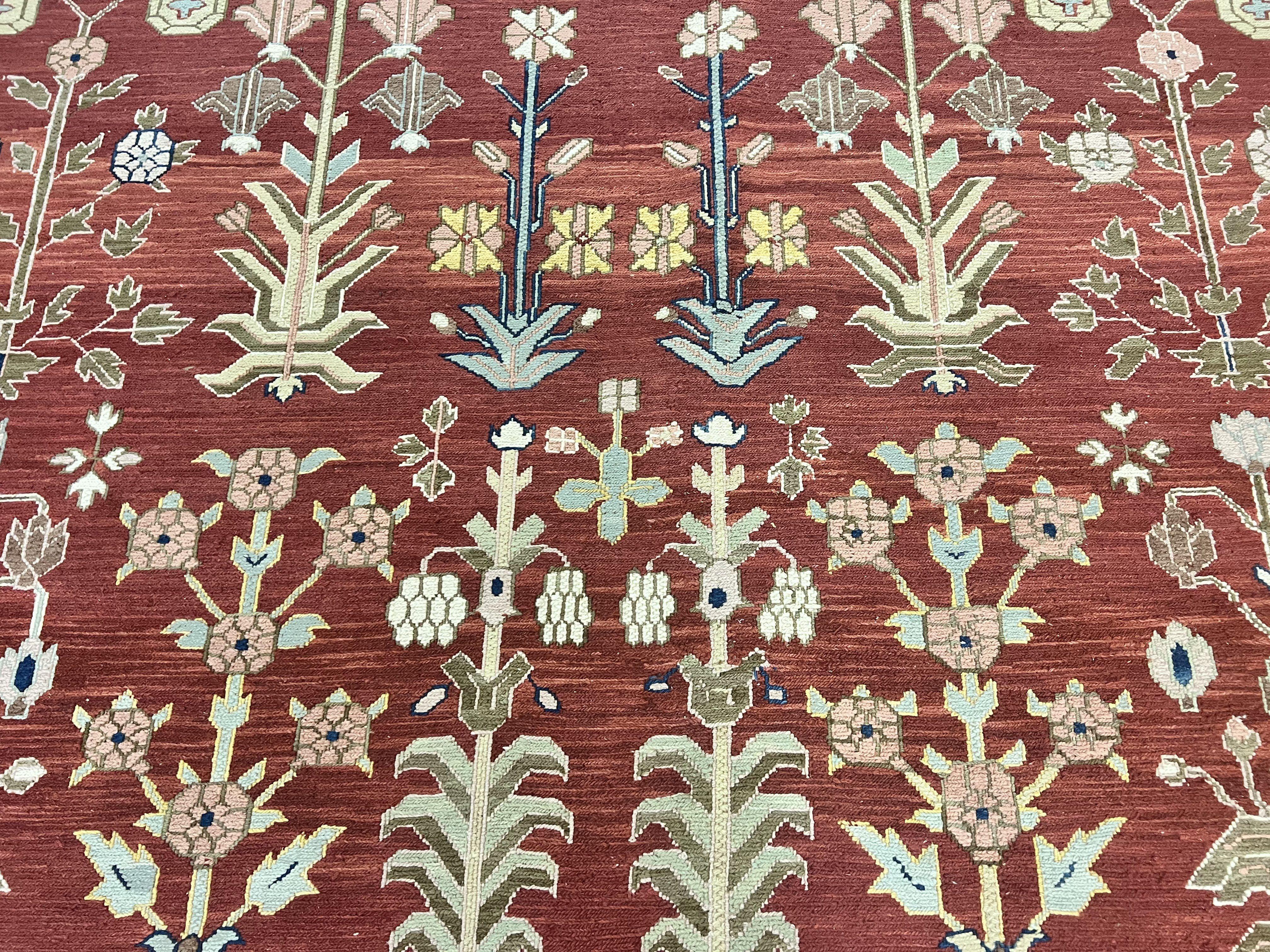 Indian Rug 10x14, Wool Hand Knotted Flatweave Carpet, Tree of Life, Red and Green - Jewel Rugs