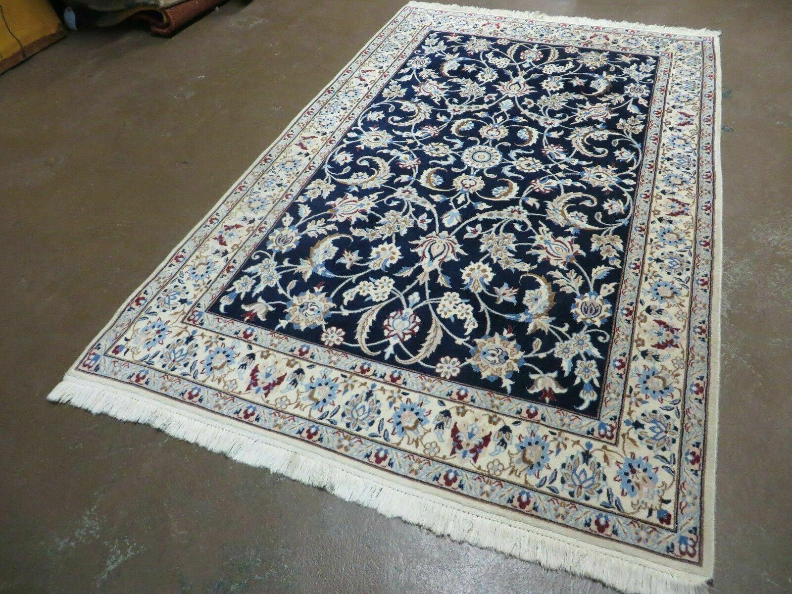 Persian Nain Rug 4x7, Navy Blue and Ivory, Handmade, Wool & Silk Highlights, Fine Oriental Rug, Vintage - Jewel Rugs