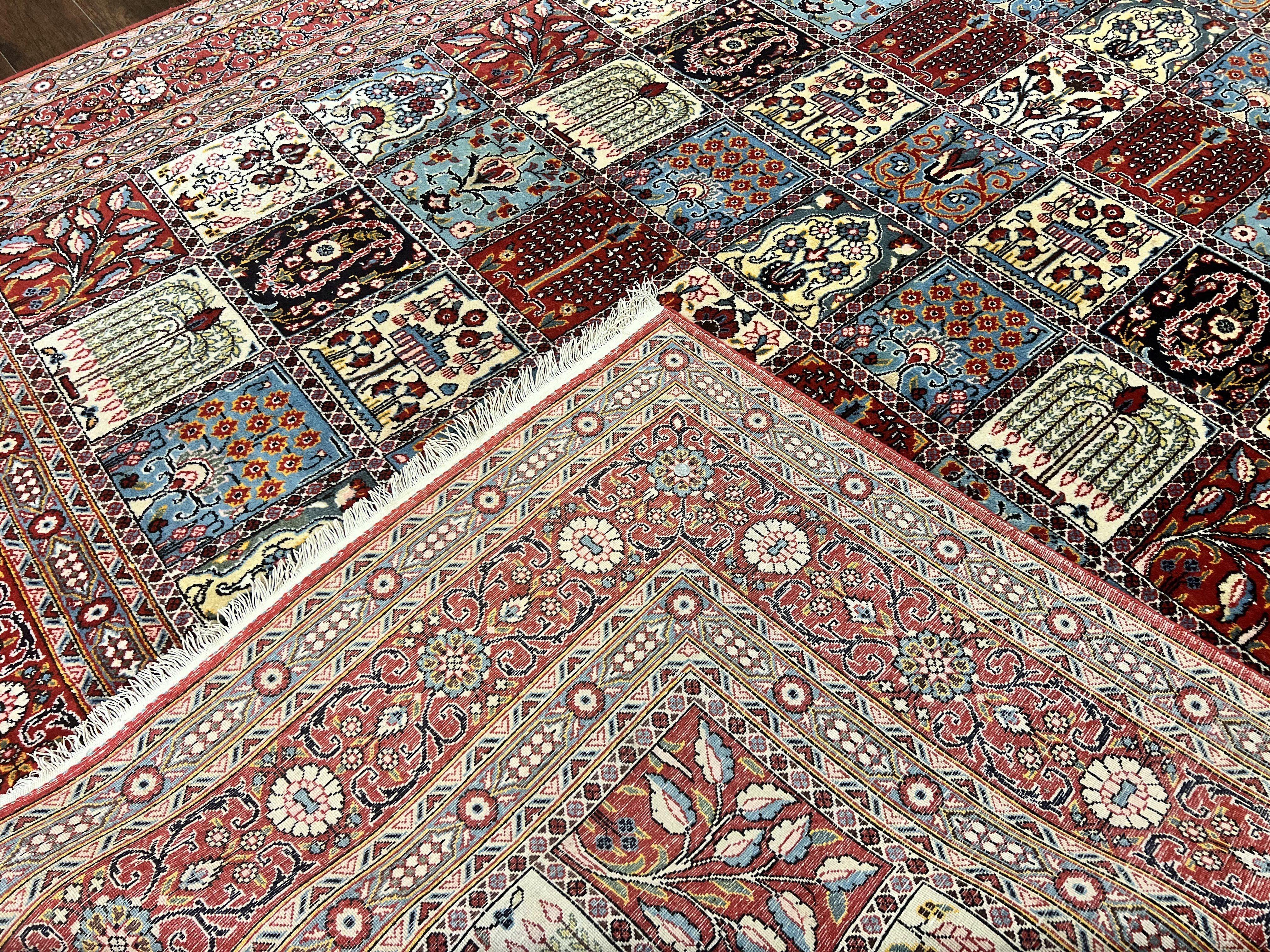 Persian Qum Rug 9x13, Multicolor Panel Design, Red Blue Cream, Hand Knotted Vintage Large Wool Rug - Jewel Rugs