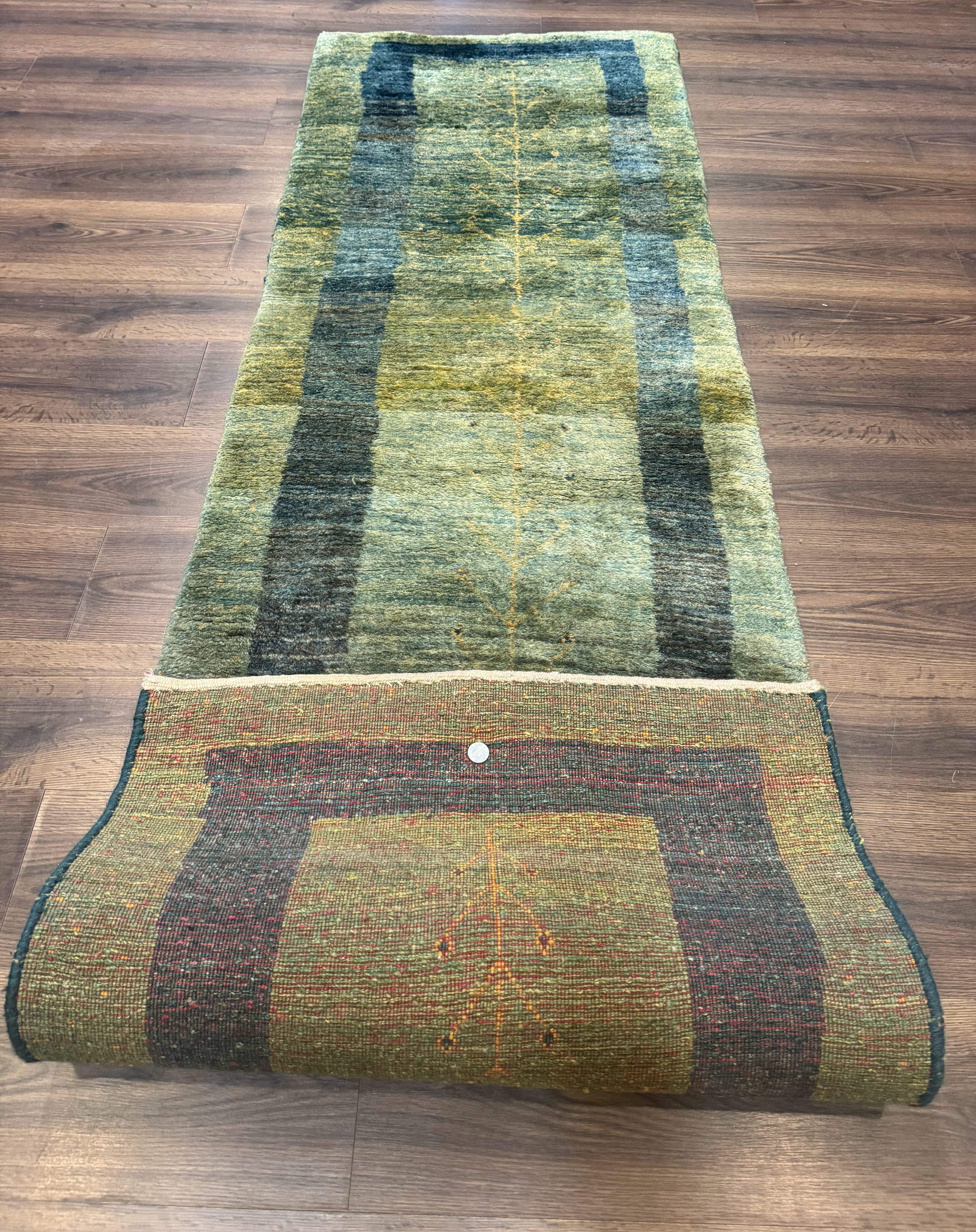 Persian Gabbeh Runner Rug 3 x 9, Green, Tribal Hallway Rug 3x9 - Jewel Rugs