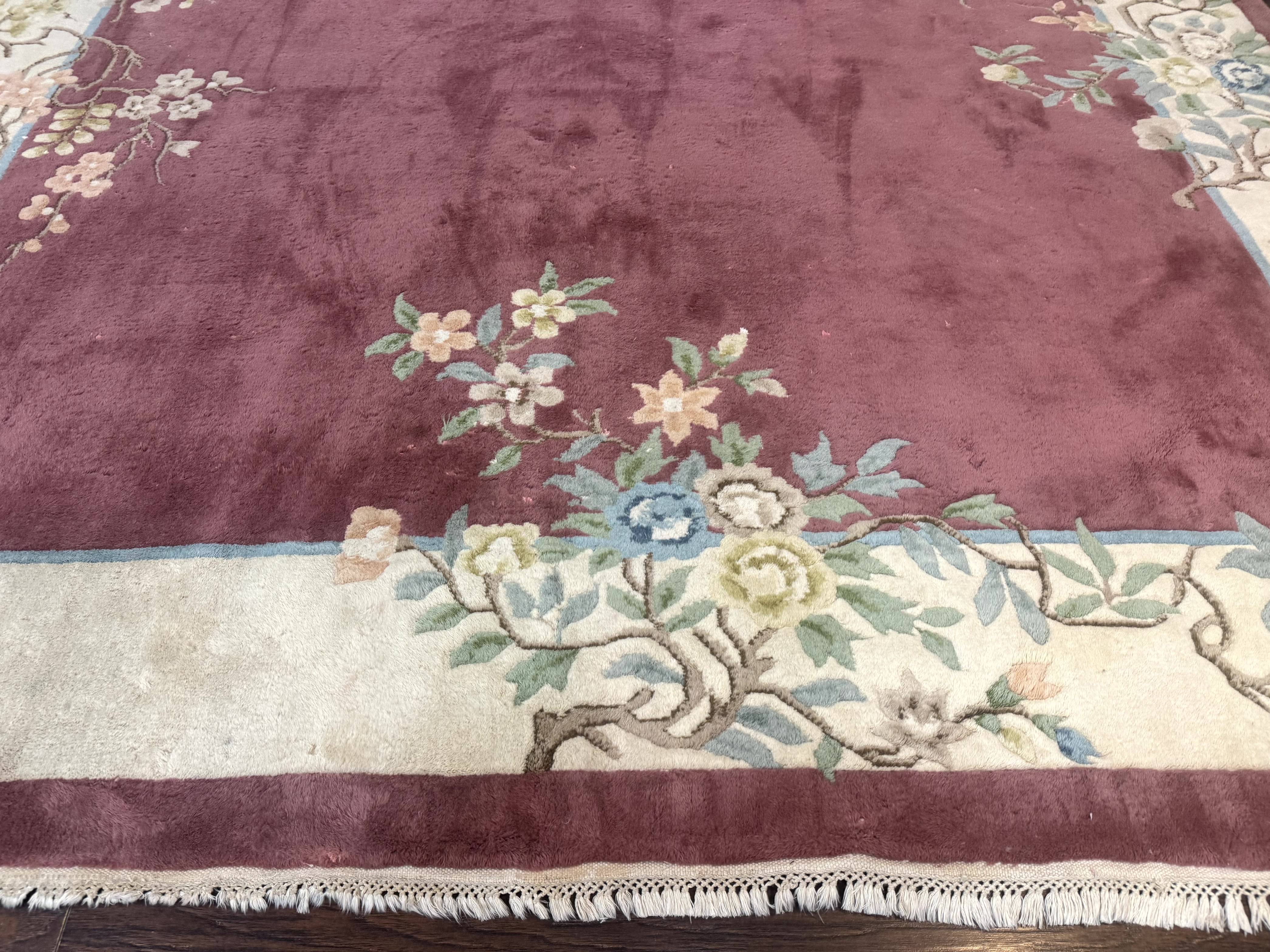 Indo Chinese Art Deco Rug 9x12, Pink and Ivory, Open Filed, Floral, Wool - Jewel Rugs