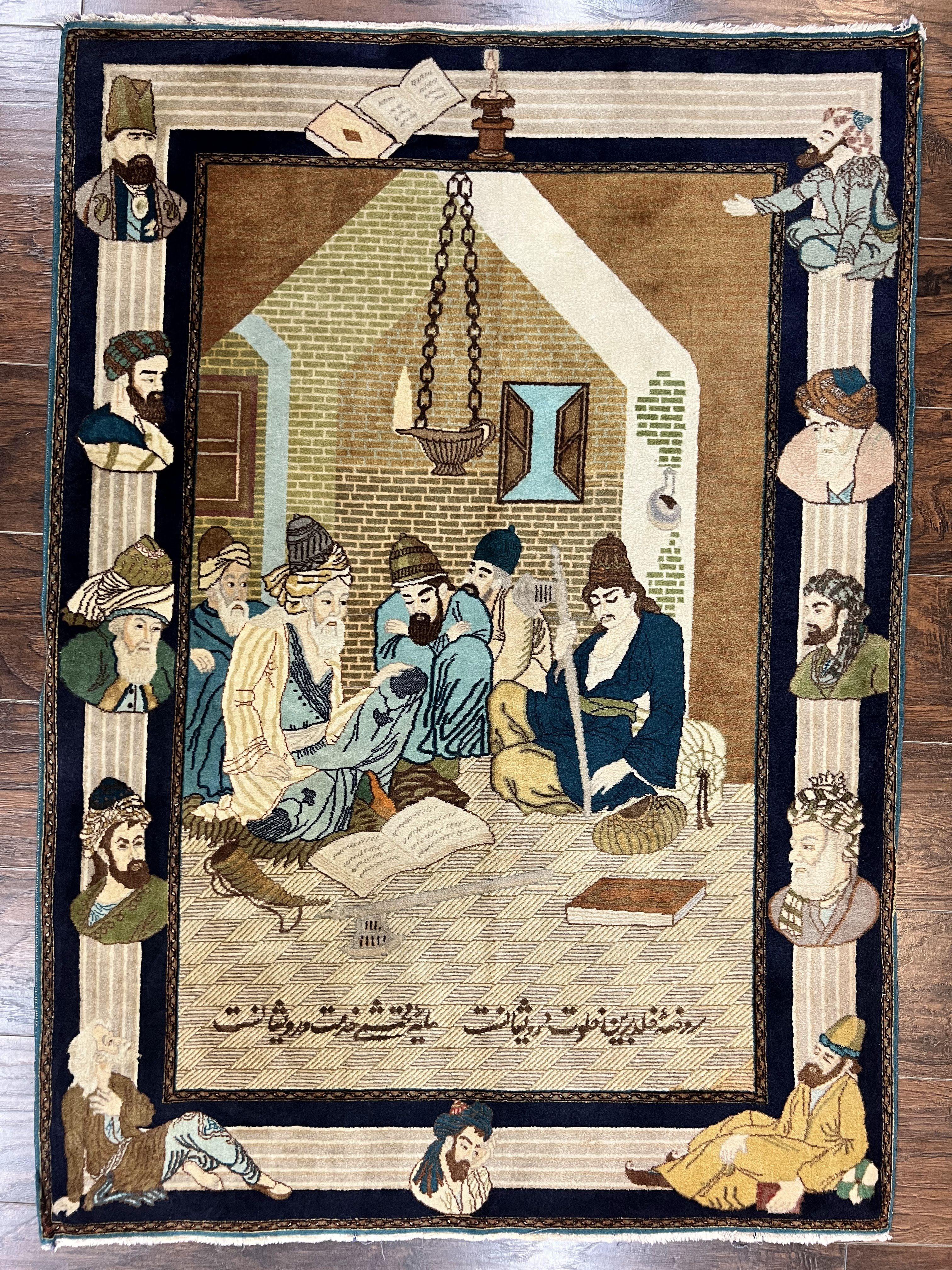 Persian Tabriz Pictorial Rug 3x5, Wall Hanging Carpet, Very Fine 60 Raj 475 KPSI, Hand Knotted Vintage Semi Antique, Wool, Persian Poetry - Jewel Rugs