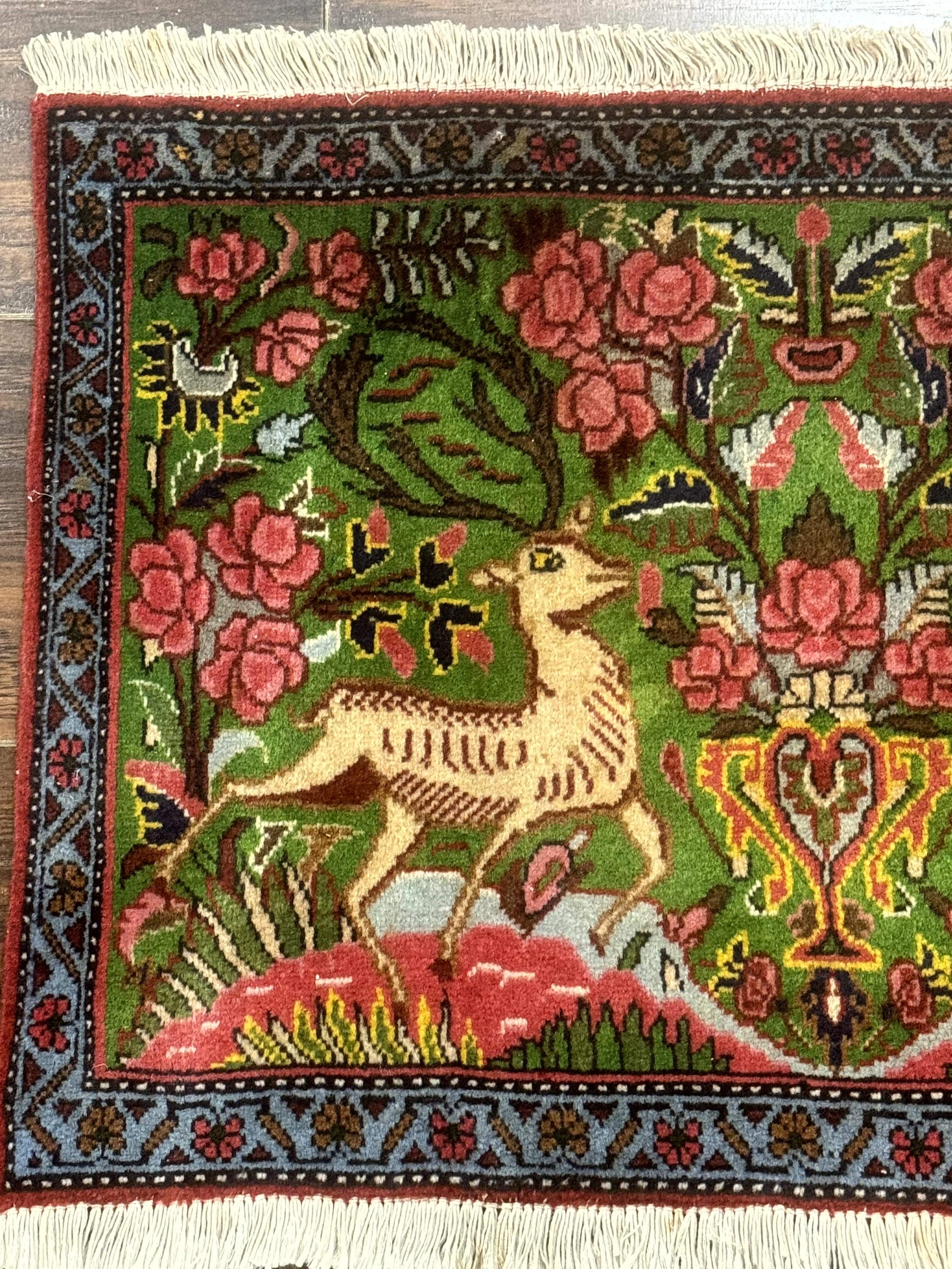 Small Persian Sarouk Rug, Deer Pictorials, Green, Hand Knotted, Fine - Jewel Rugs