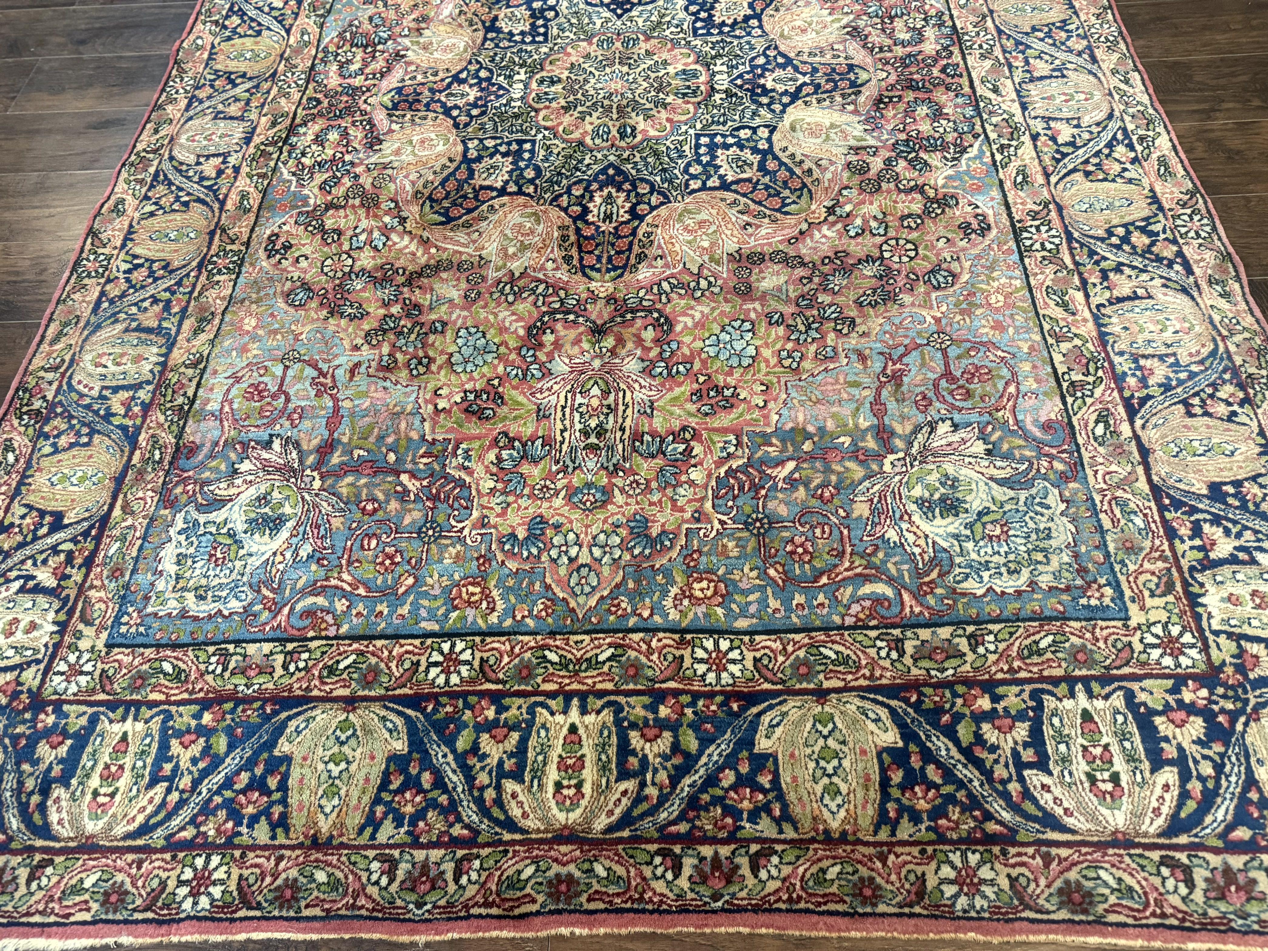 Antique Persian Kerman Lavar Rug 6x10, Colorful Navy Blue Red Light Blue, Floral, Multicolor, Very Fine, Handmade, 225 KPSI - Jewel Rugs
