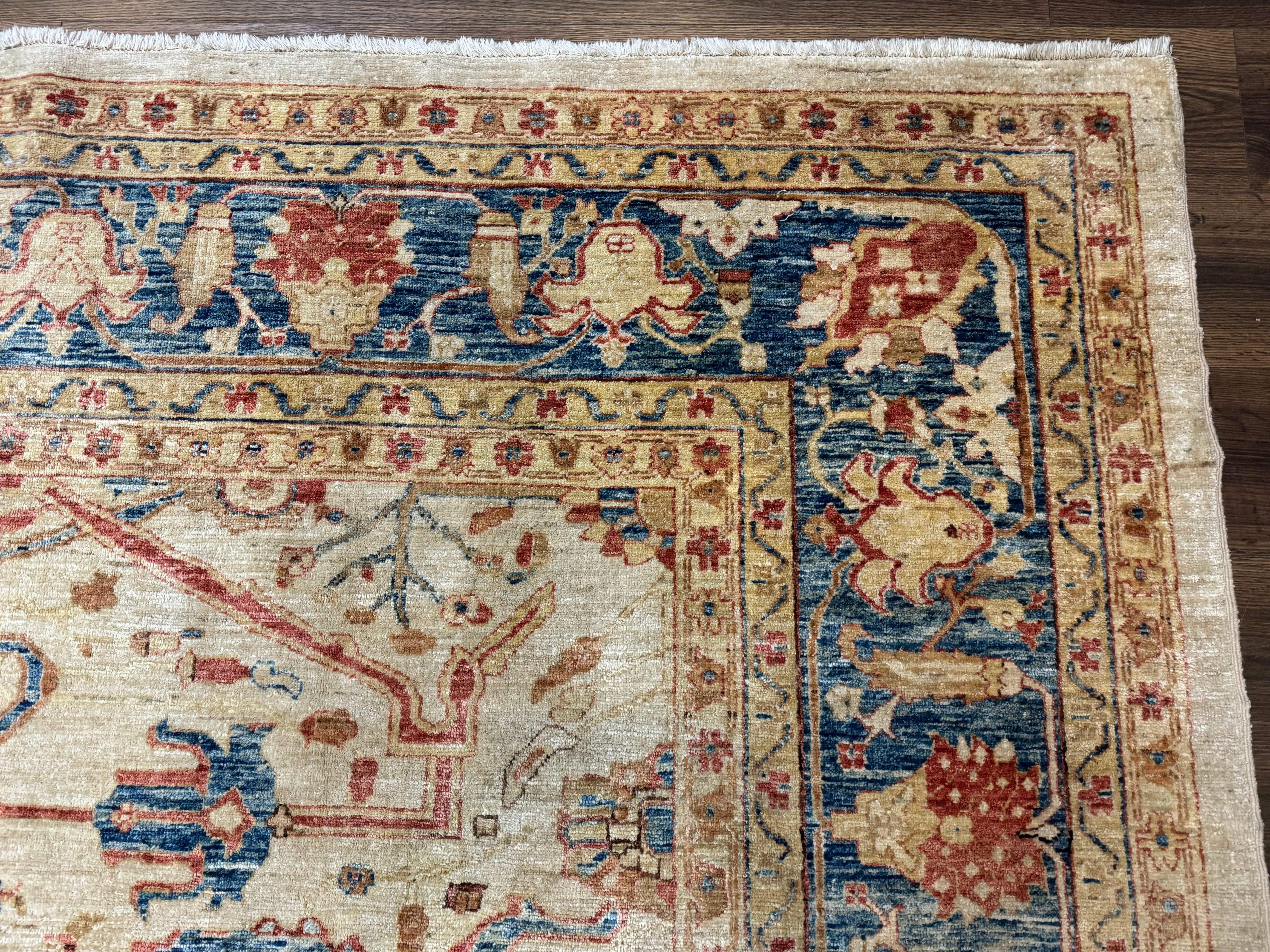 Pakistani Peshawar Rug 10x12 – Tan and Blue, Hand-Knotted Wool Oushak Carpet - Jewel Rugs