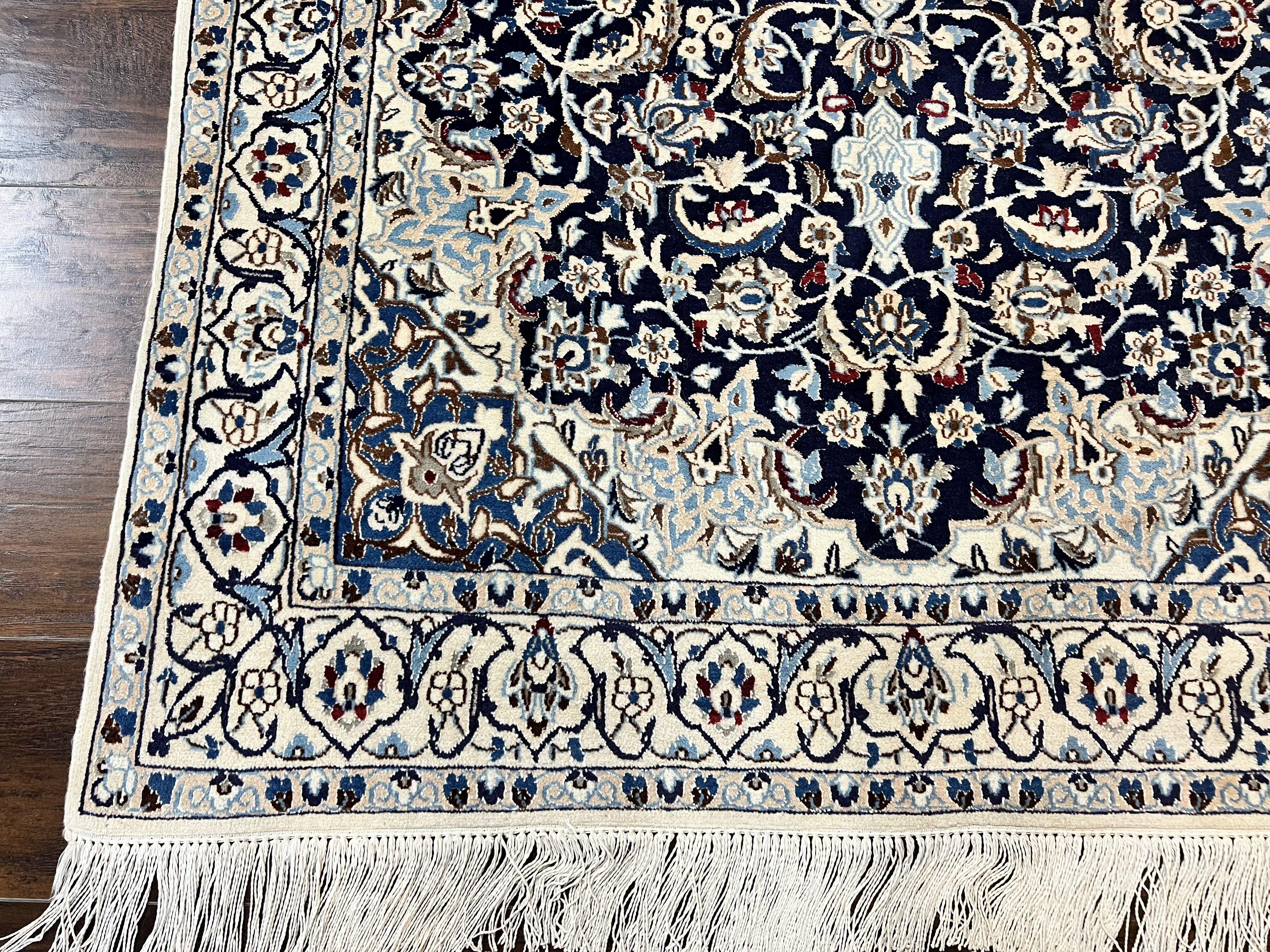 Persian Nain Rug 4x6, Floral, Hand Knotted Vintage Wool & Silk Highlights, Signature from Masterweaver, Navy Blue and Ivory - Jewel Rugs