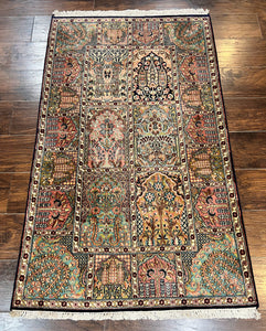 Silk Indian Kashmiri Rug 3x5, Multicolor Panel Design, Hand Knotted Vintage Carpet, Very Fine 360 KPSI